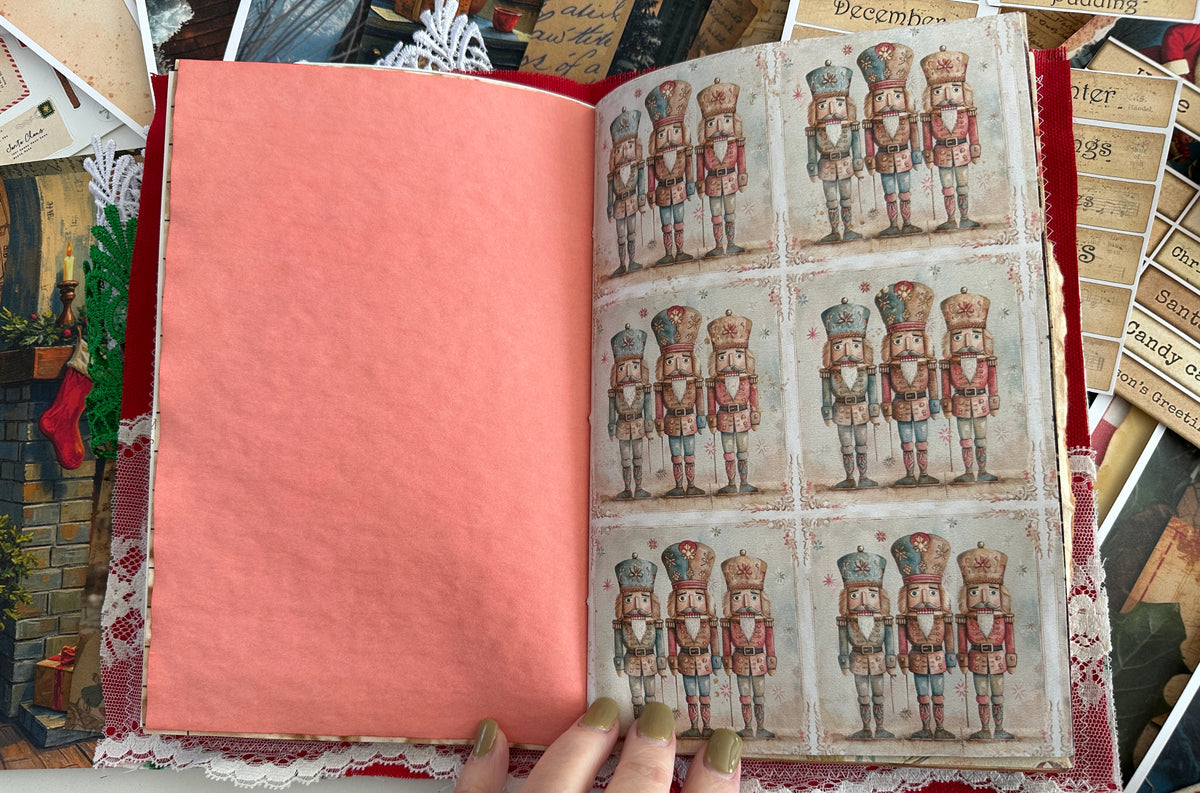 E's Destash Christmas Journal and LARGE 70 page Journal Bundle, Small accordion journal, Pack of Ephemera, lace, etc