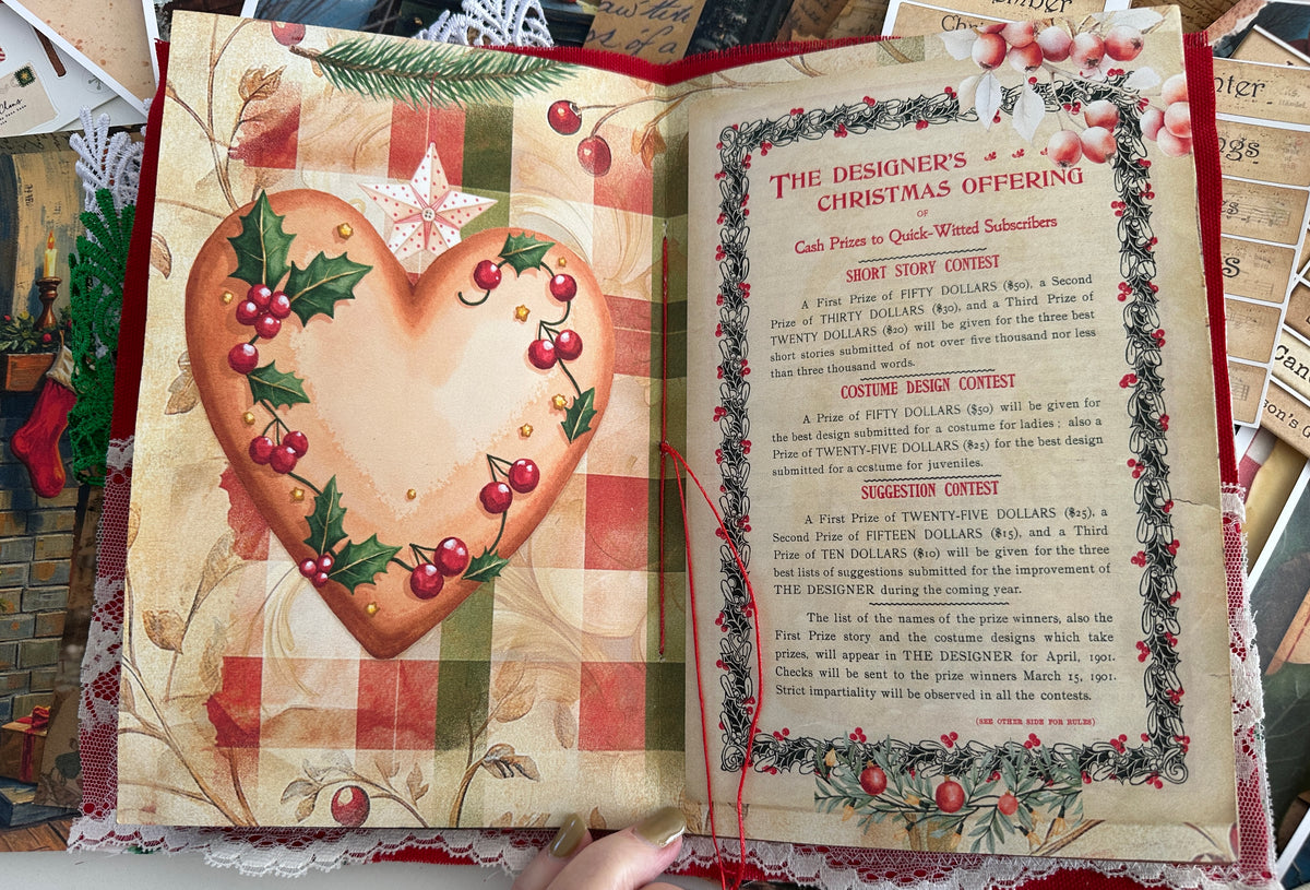 E's Destash Christmas Journal and LARGE 70 page Journal Bundle, Small accordion journal, Pack of Ephemera, lace, etc