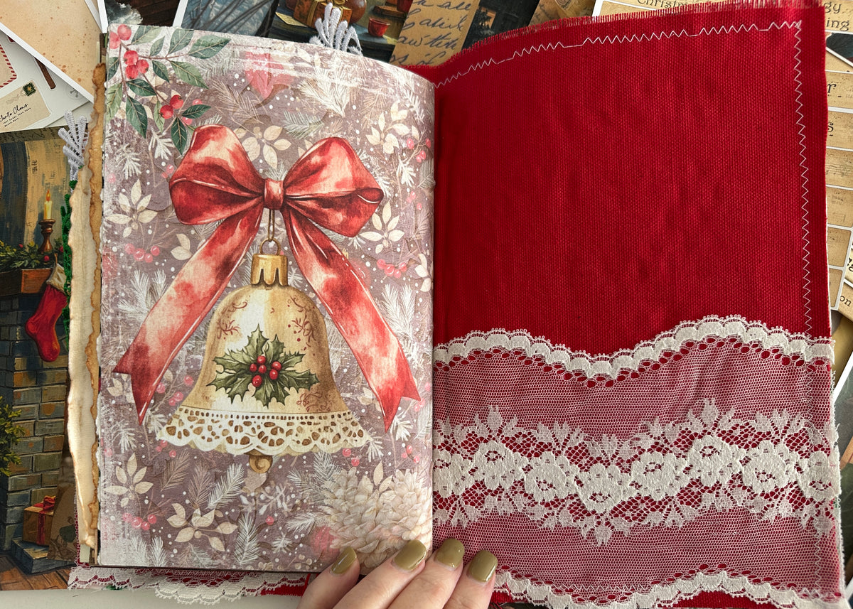 E's Destash Christmas Journal and LARGE 70 page Journal Bundle, Small accordion journal, Pack of Ephemera, lace, etc