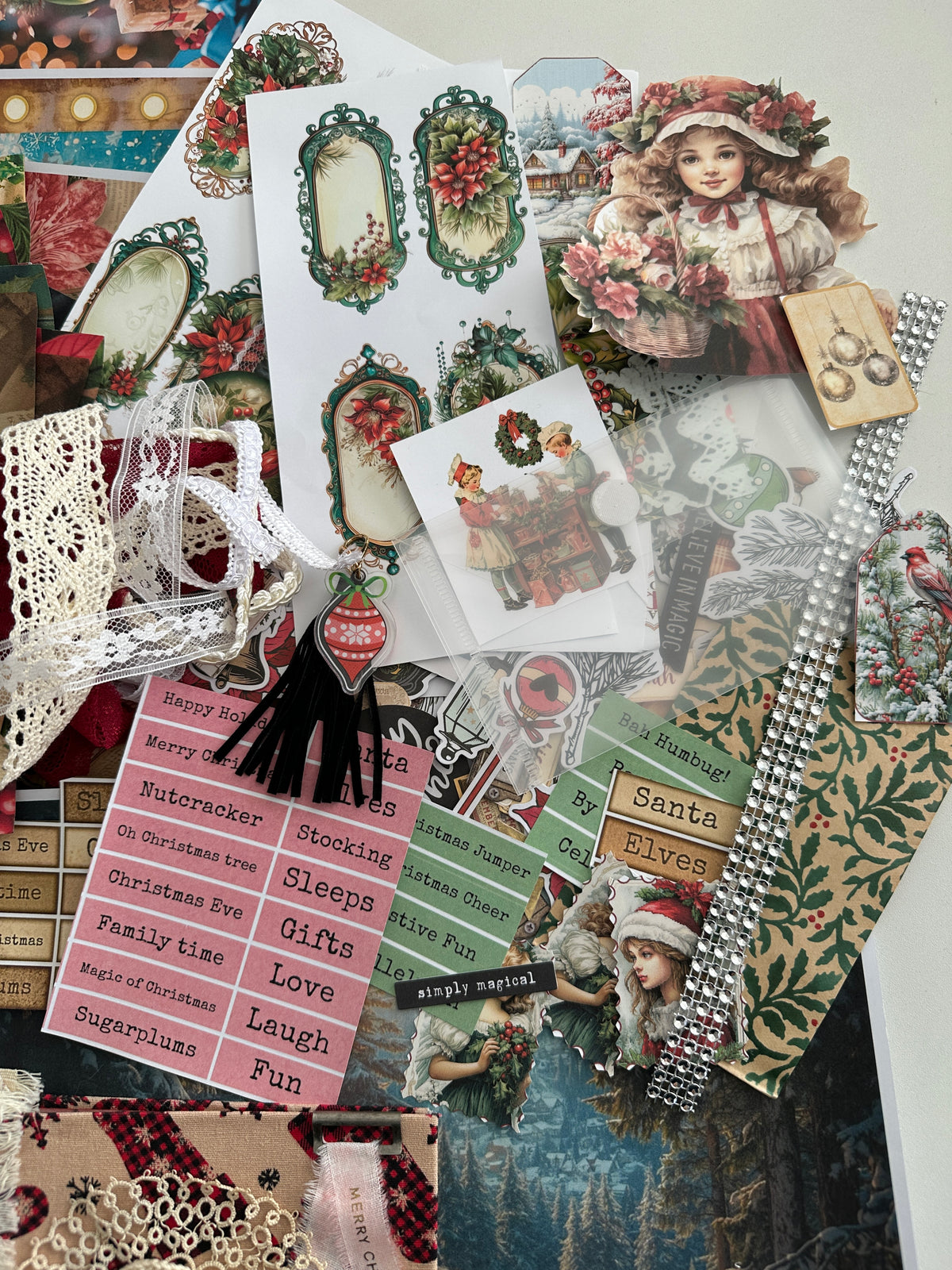 E's Destash Christmas Journal and LARGE 70 page Journal Bundle, Small accordion journal, Pack of Ephemera, lace, etc