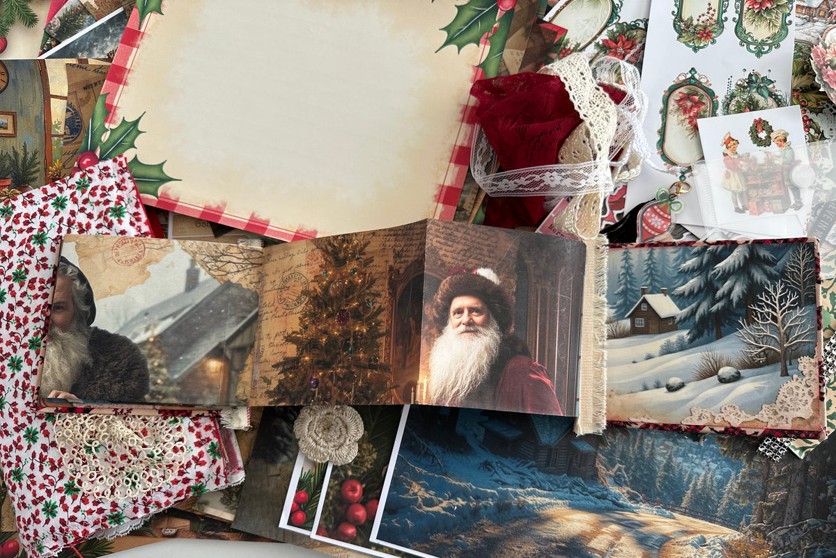 E's Destash Christmas Journal and LARGE 70 page Journal Bundle, Small accordion journal, Pack of Ephemera, lace, etc