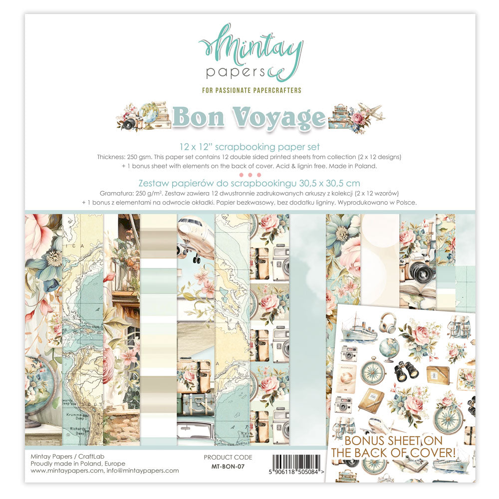 New Mintay Paper Collection - Bon Voyage - 12x12 - 12 double sided papers + 1 bonus sheet