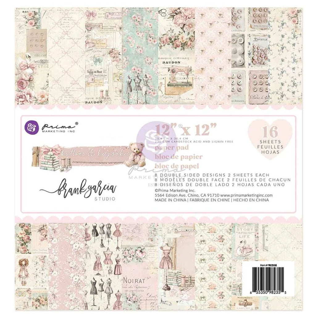 BRAND NEW! Buttons & Keepsakes Collection 12×12 Paper Pad 16 PGS -8 double sided designs