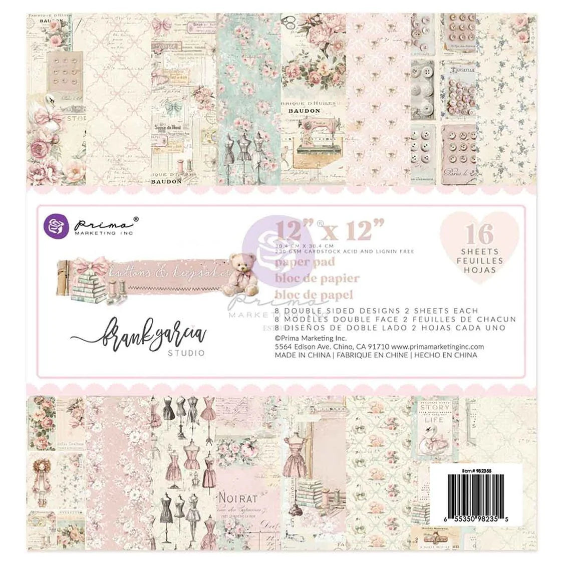 BRAND NEW! Buttons & Keepsakes Collection 12×12 Paper Pad 16 PGS -8 double sided designs