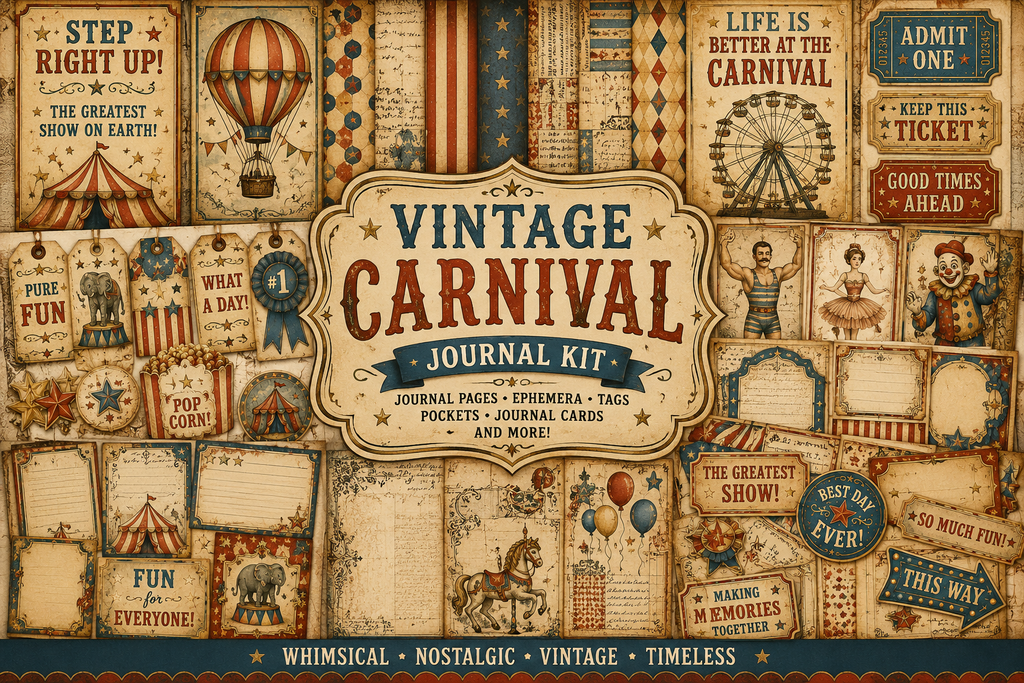 New! Vintage Carnival Junk Journal Kit, Circus Printable Pages, Carnival Ephemera
