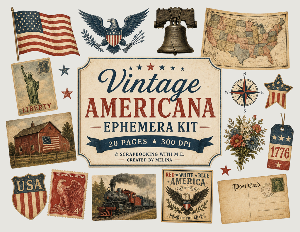 PRINT & SHIP Vintage Americana Ephemera Kit (2)~ 20 pages by Melina