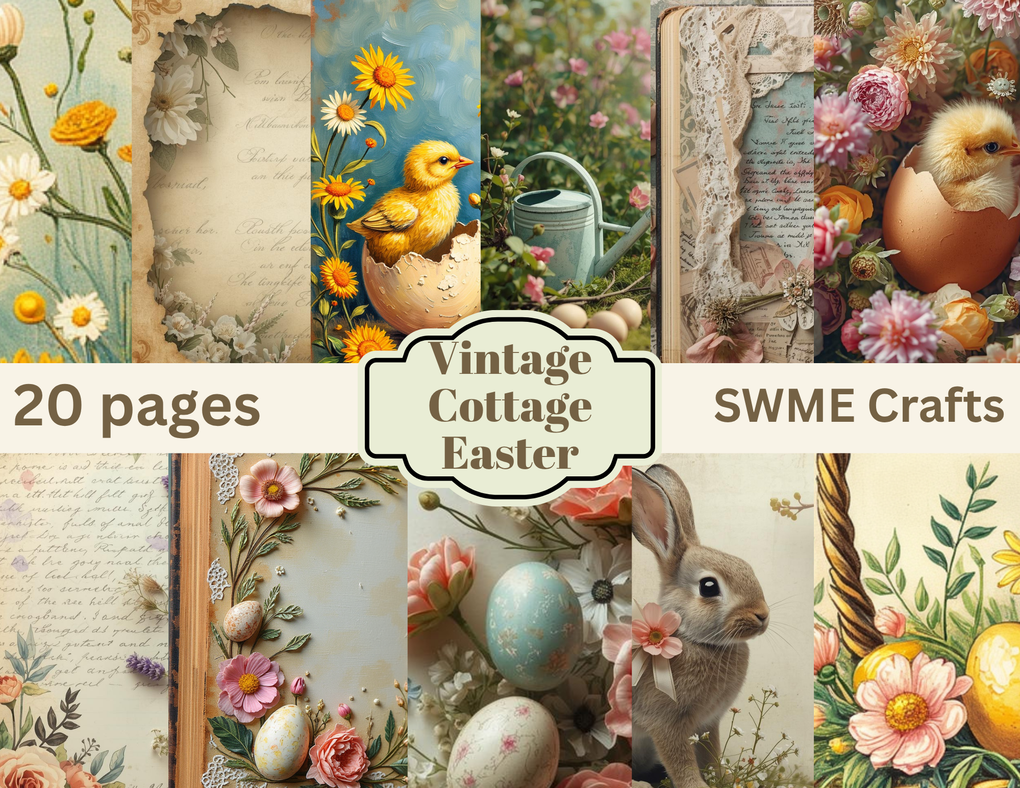 New Print and Ship Vintage Cottage Easter Journal Kit, Shabby Chic Spring Printable 20 Pages by E (Copy)