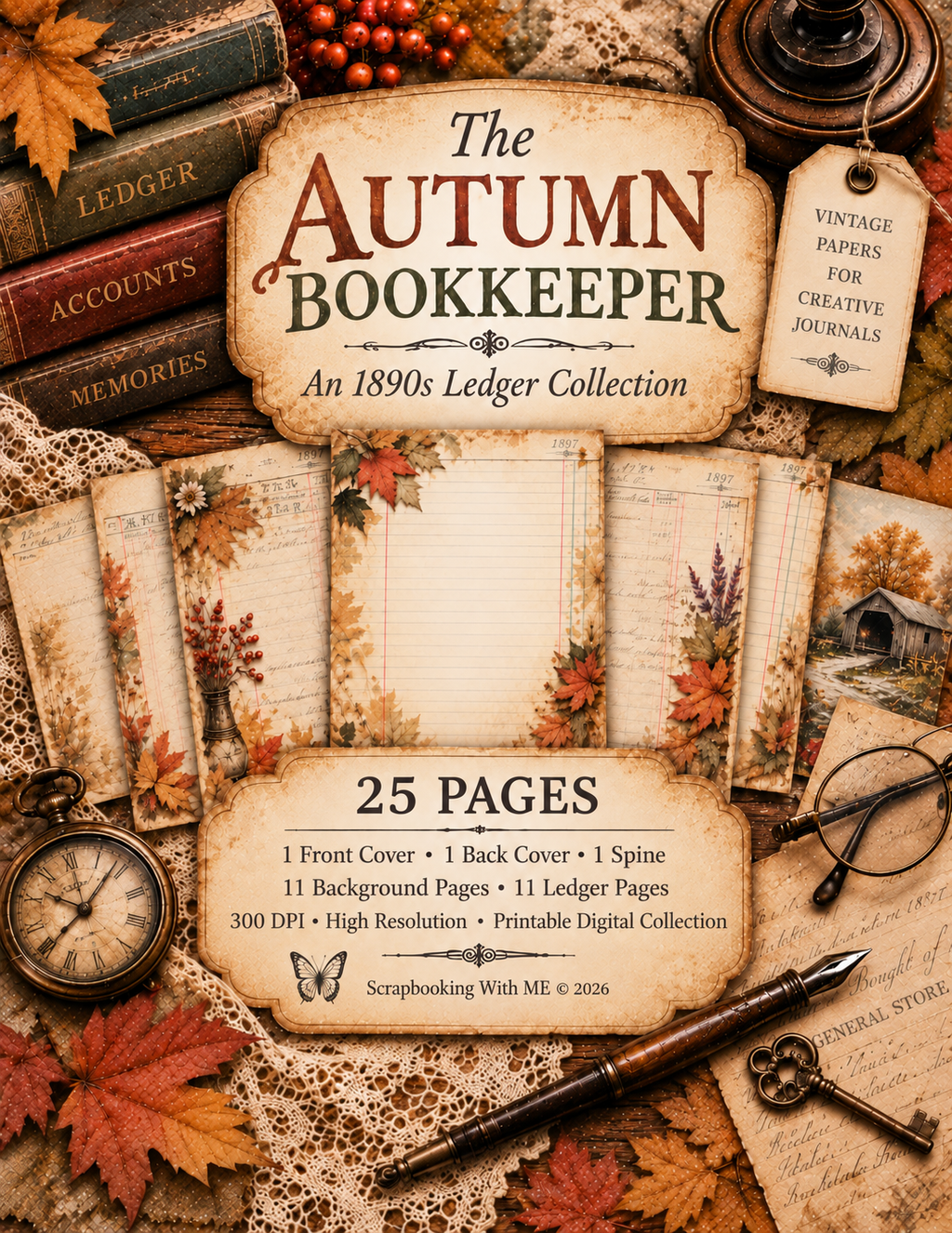 NEW! Print & Ship The Autumn Bookkeeper by E – An 1890s Vintage Ledger Junk Journal Collection | 25 Pages