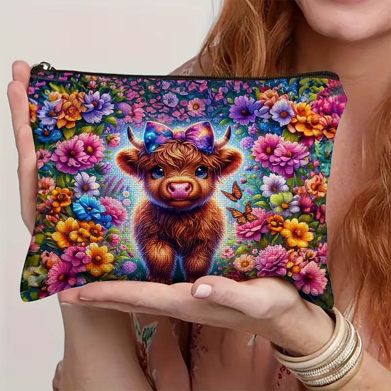 New Baby Highland Cow Floral Makeup Bag, Vibrant Western Style 7.09*8.66inch