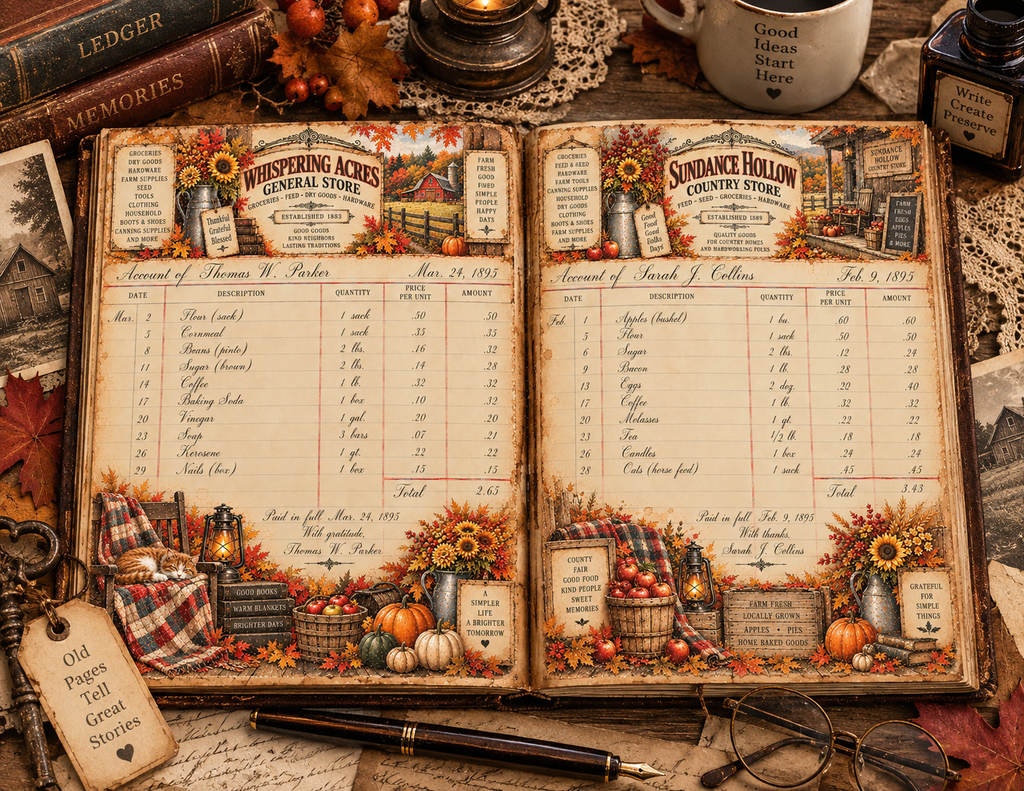 NEW! Print & Ship The Autumn Bookkeeper by E – An 1890s Vintage Ledger Junk Journal Collection | 25 Pages