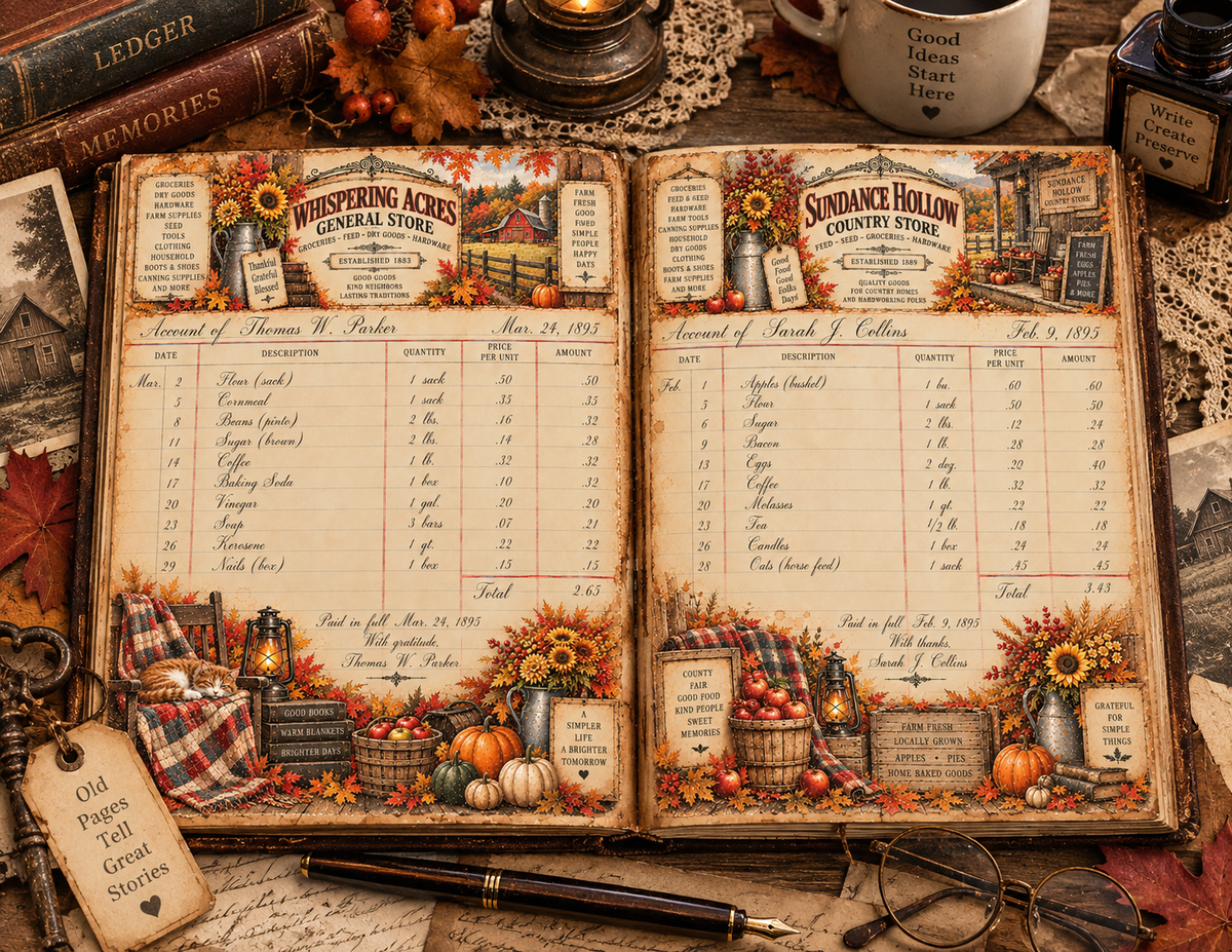 NEW! Print & Ship The Autumn Bookkeeper by E – An 1890s Vintage Ledger Junk Journal Collection | 25 Pages