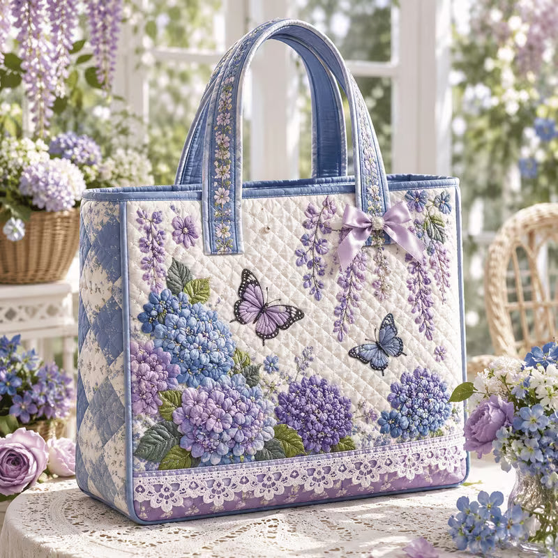 New Purple Garden Floral Quilted Tote Bag - Romantic Country Style Patchwork Print Large Capacity Zipper Handbag
