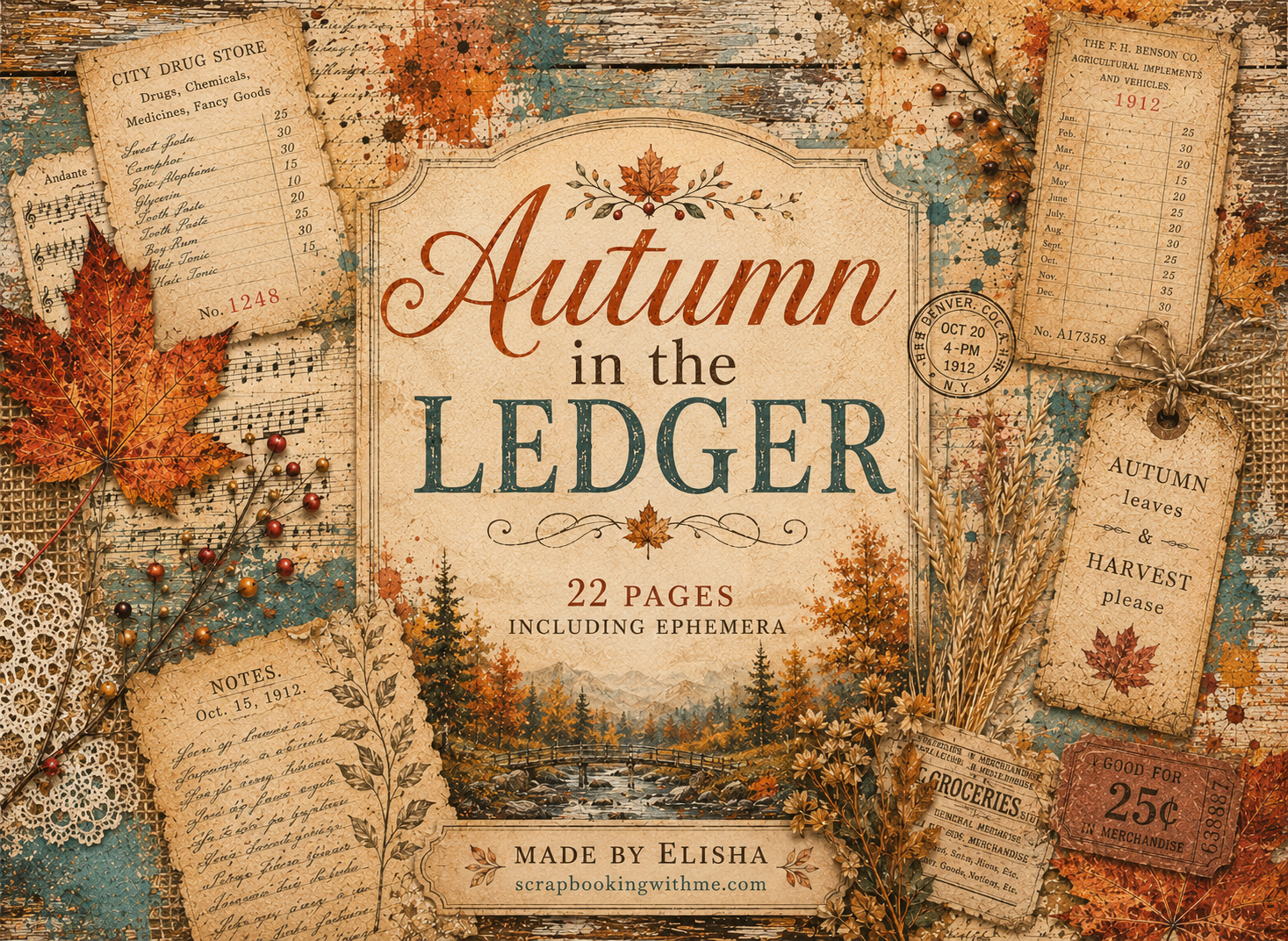 New! Autumn in the Ledger – 22 Page Vintage Fall Junk Journal Digital Collection
