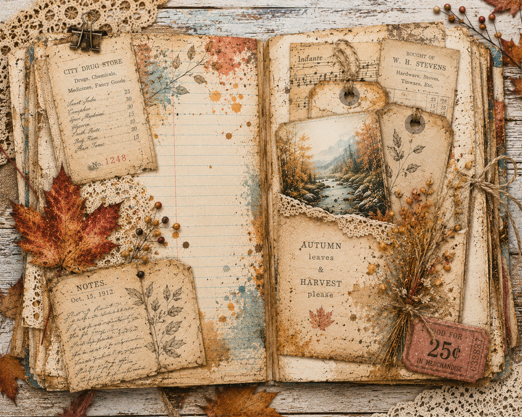 New! Autumn in the Ledger – 22 Page Vintage Fall Junk Journal Digital Collection