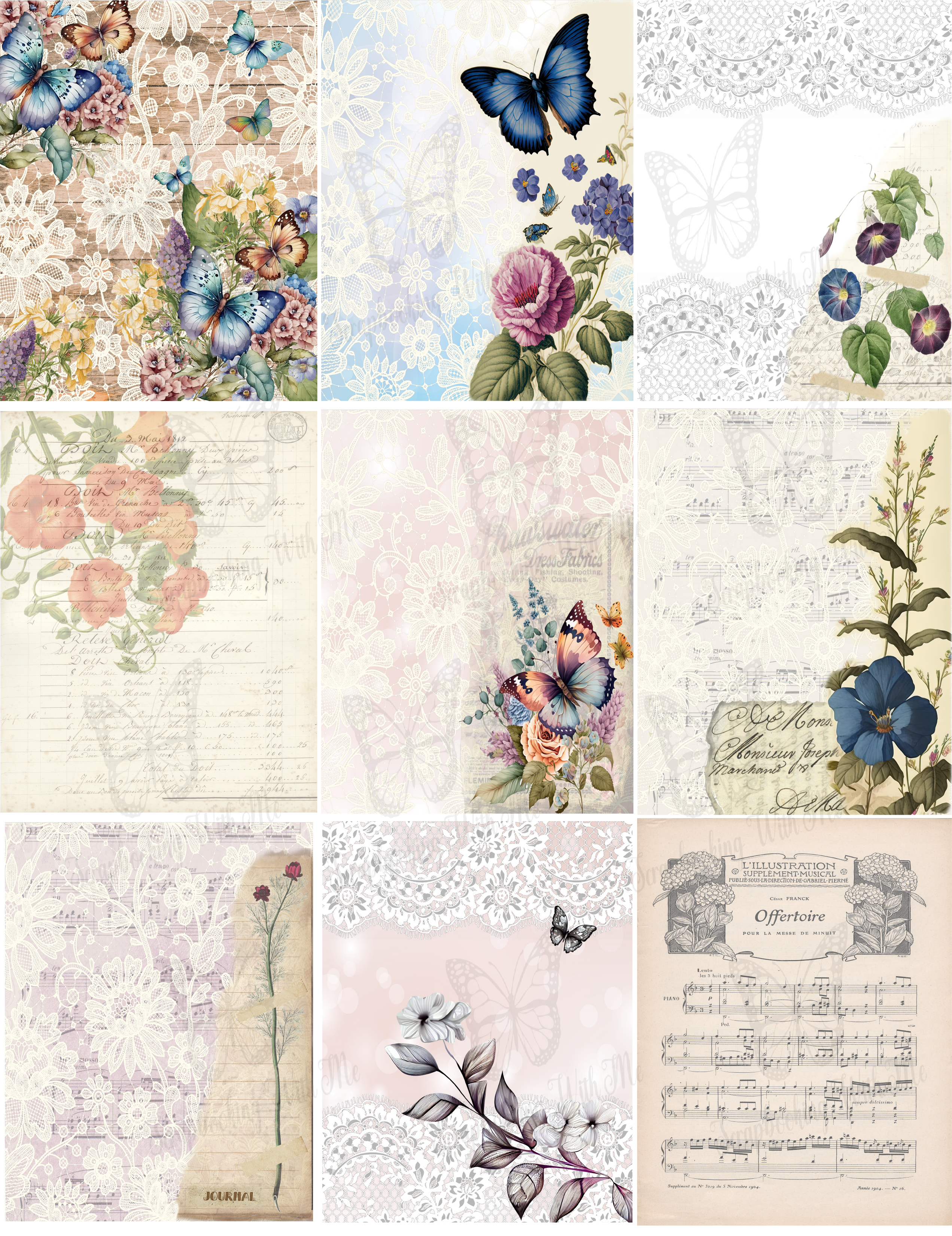Tall Lace & Floral Journal cover w/background pages and tall tags 10 digital sheets