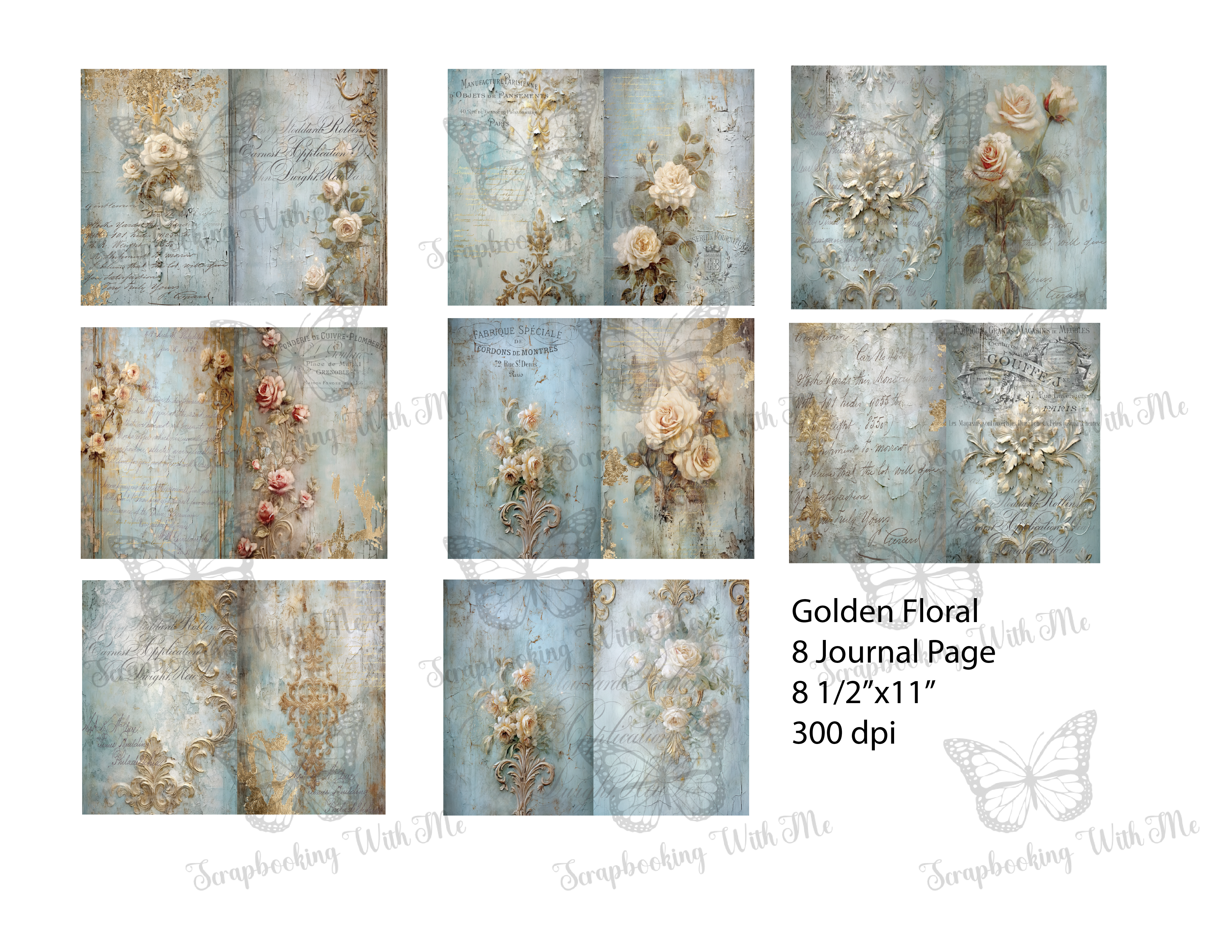 Golden Floral Journal Kit 8 digital Pages