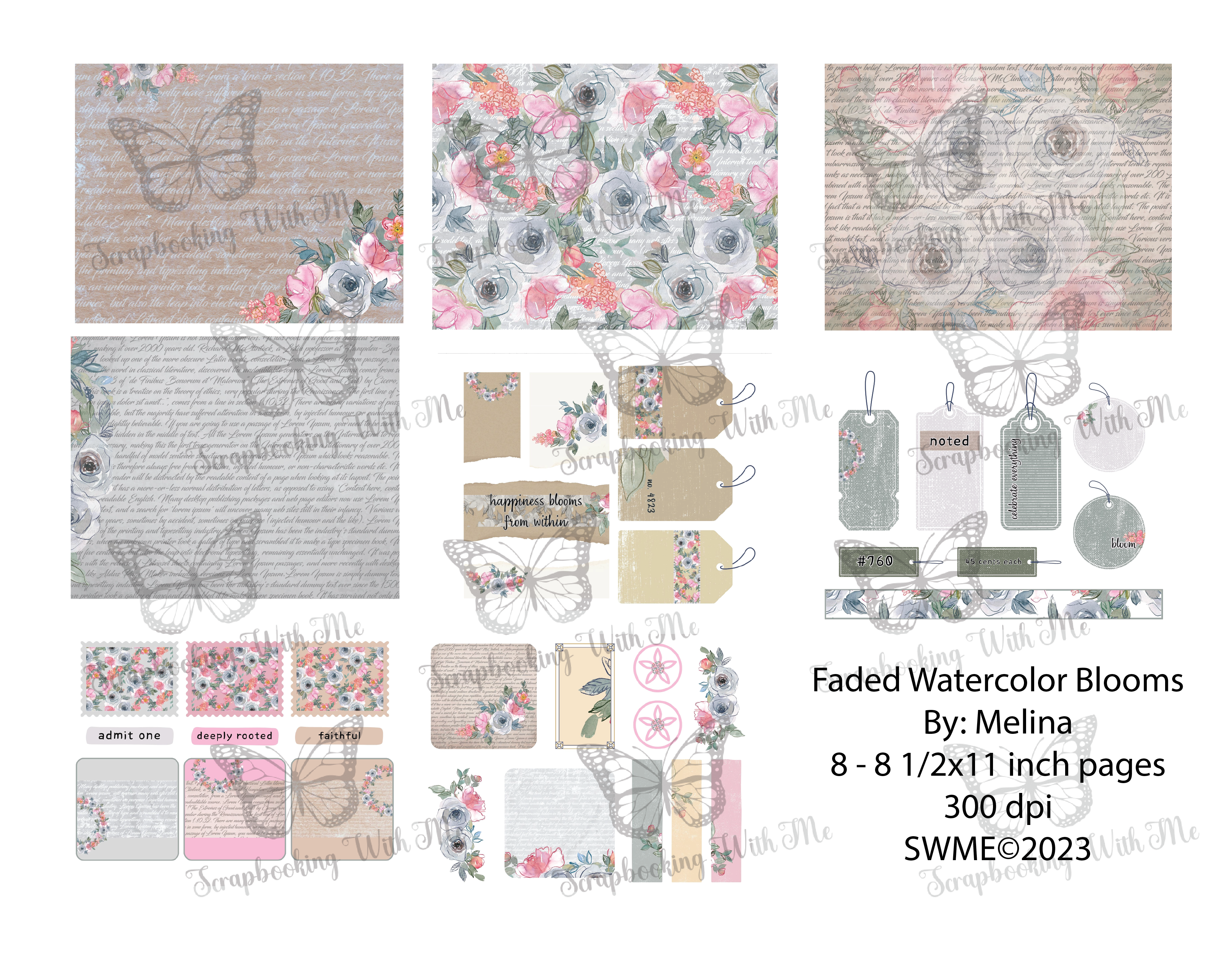 Faded Watercolor Blooms Digital Kit by M