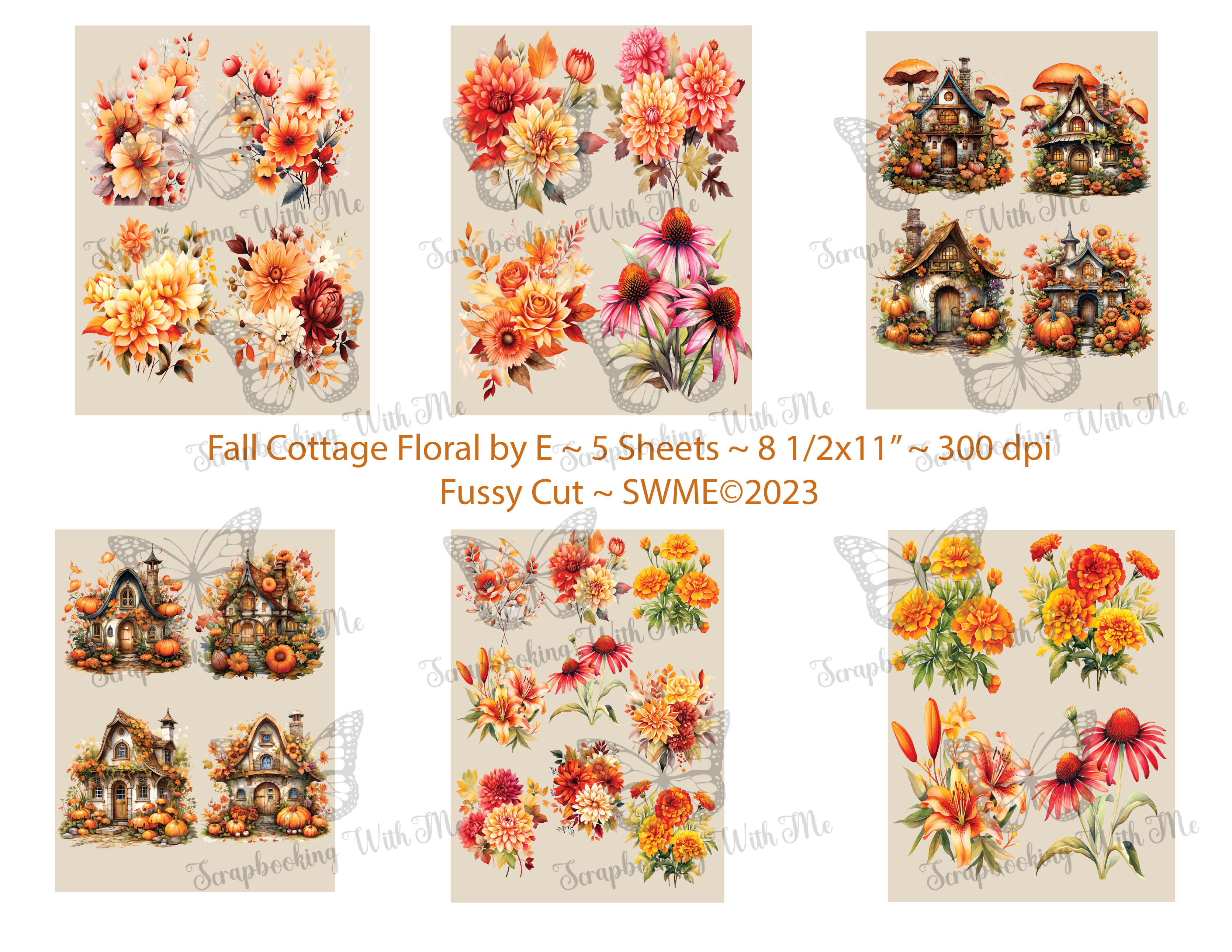 Fall Cottage Floral Fussy Cuts by E ~ 5 digital pages