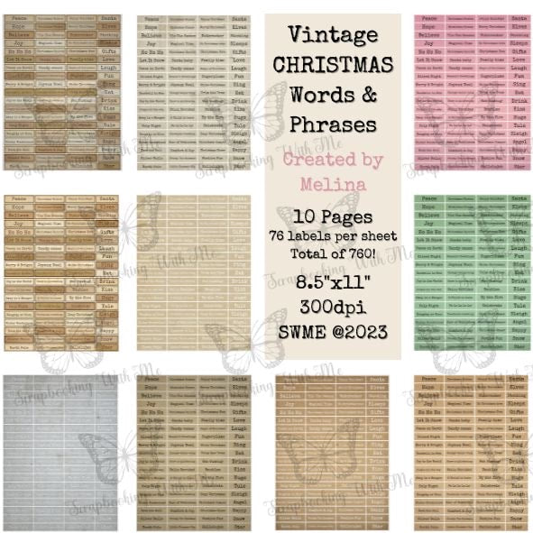 Vintage Christmas Words & Phrases by M~ 10 digital pgs (760 Total Labels!)