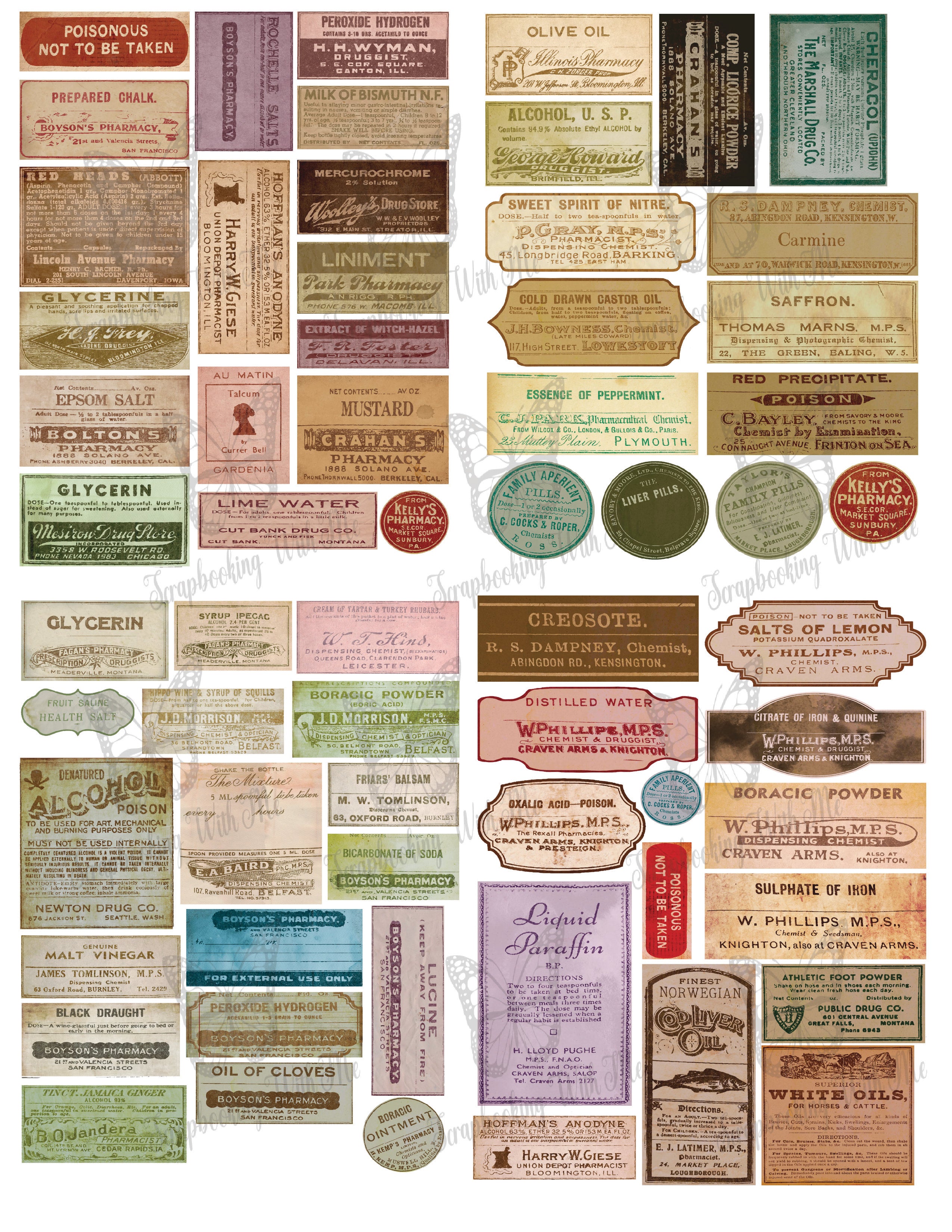 Vintage Medicine Labels by E (4 digital pages)