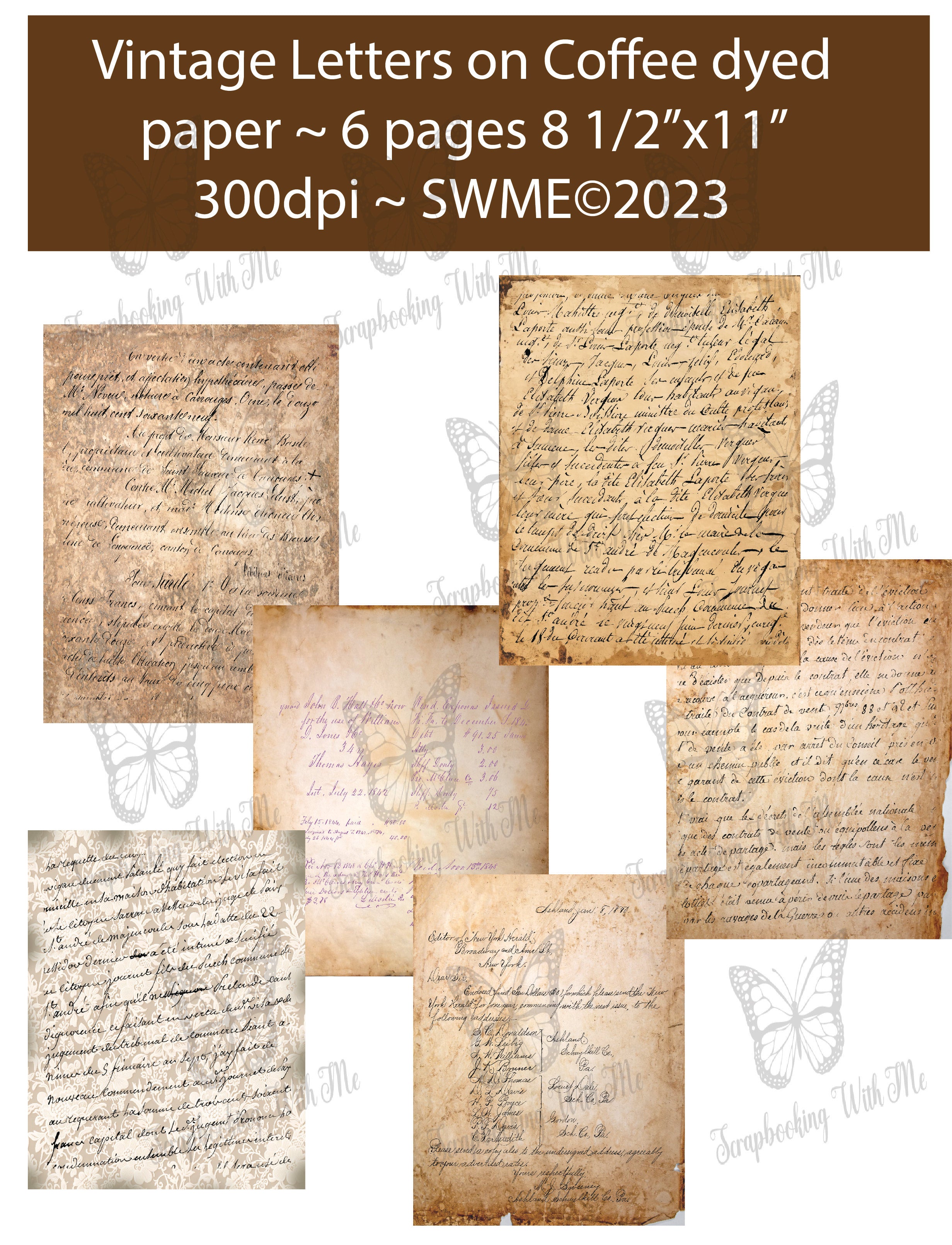 Vintage letters on coffee dyed paper  6 pages order separately