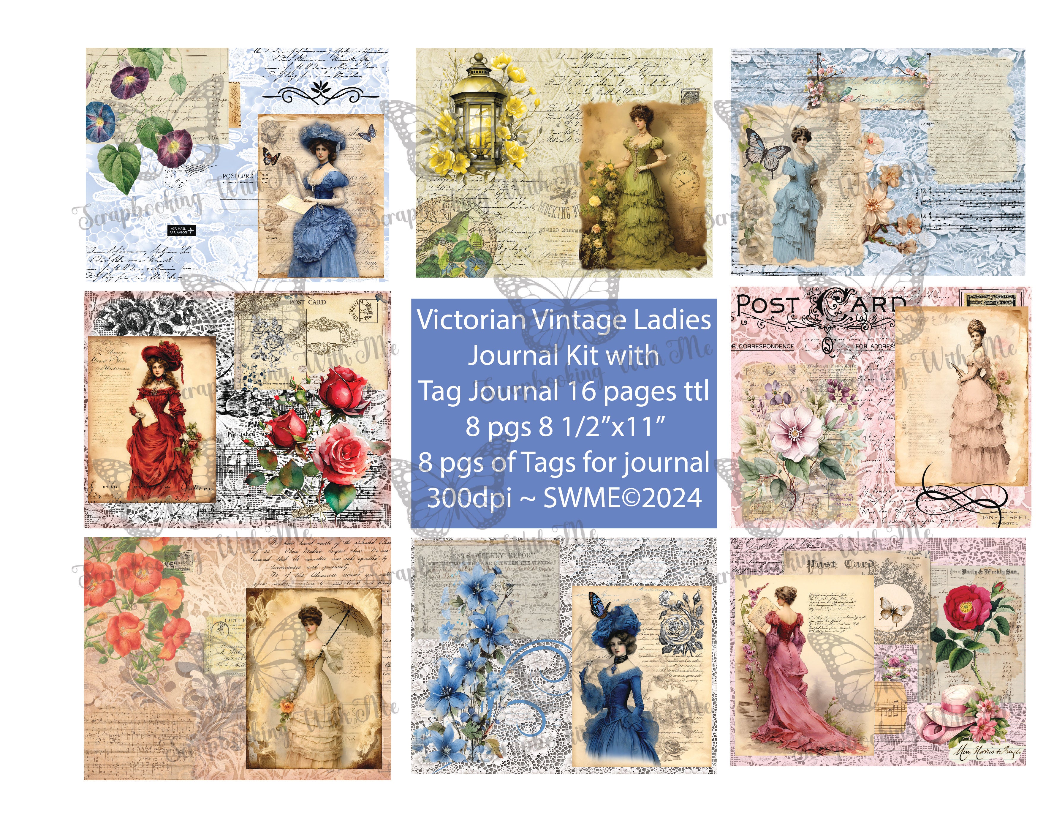 Victorian Vintage Ladies Digital Journal with Tag Journal 16 pgs