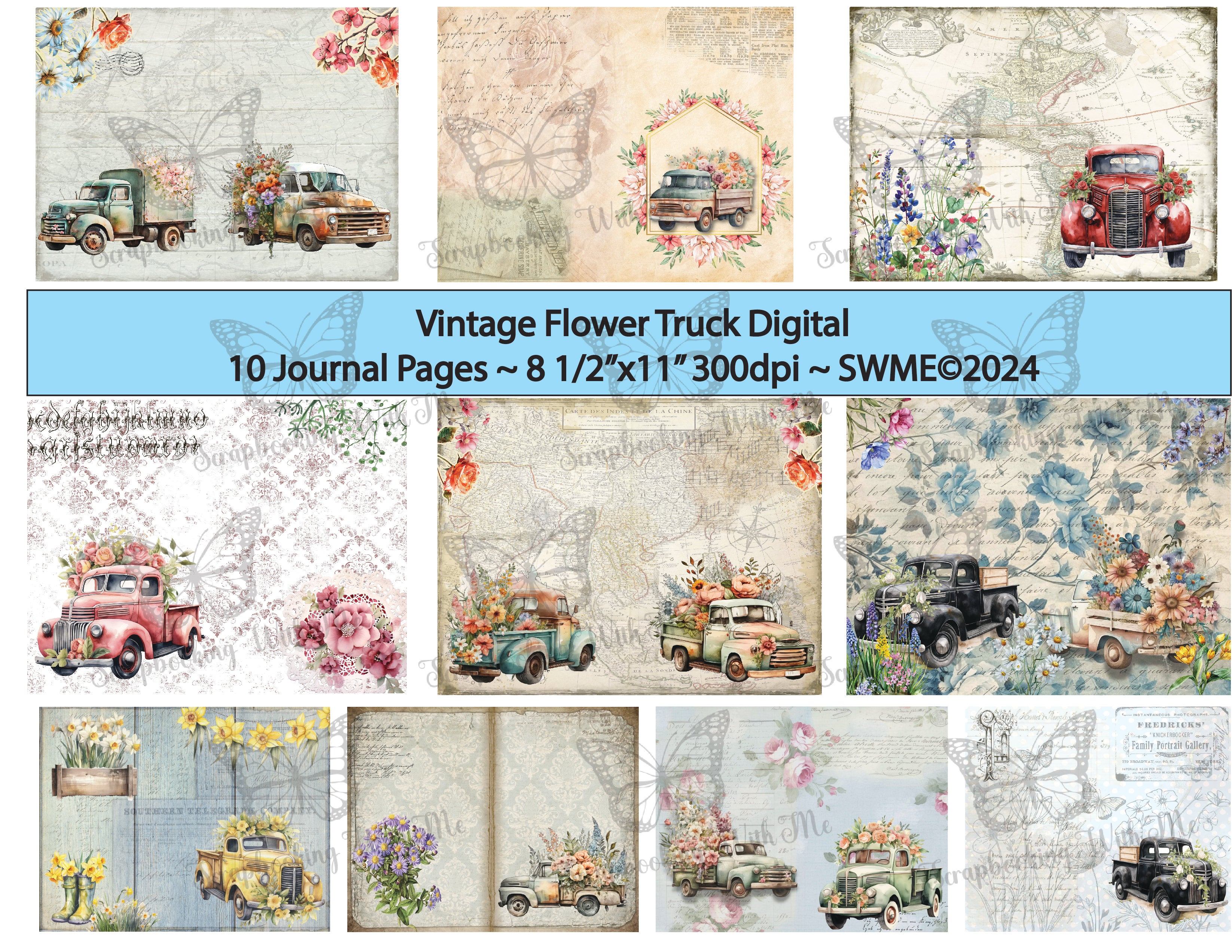 PRINT AND SHIP Vintage Flower Truck Journal Kit by E 30 pages