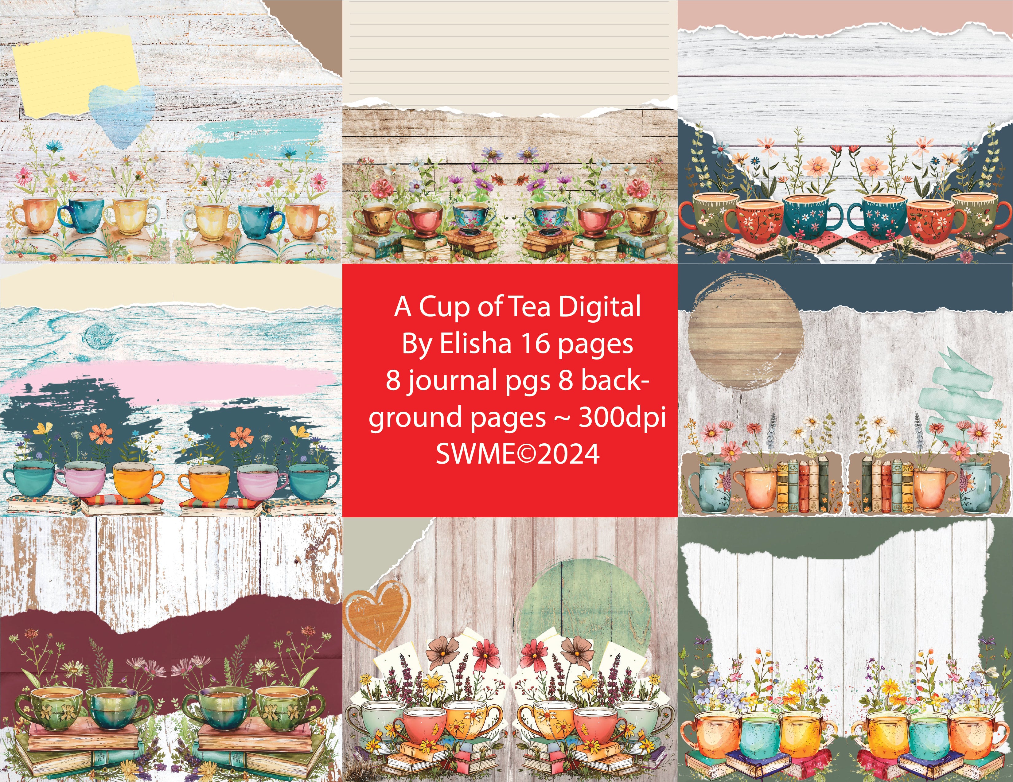 PRINT AND SHIP A Cup of Tea Journal Kit ~ by Elisha 16 sheets
