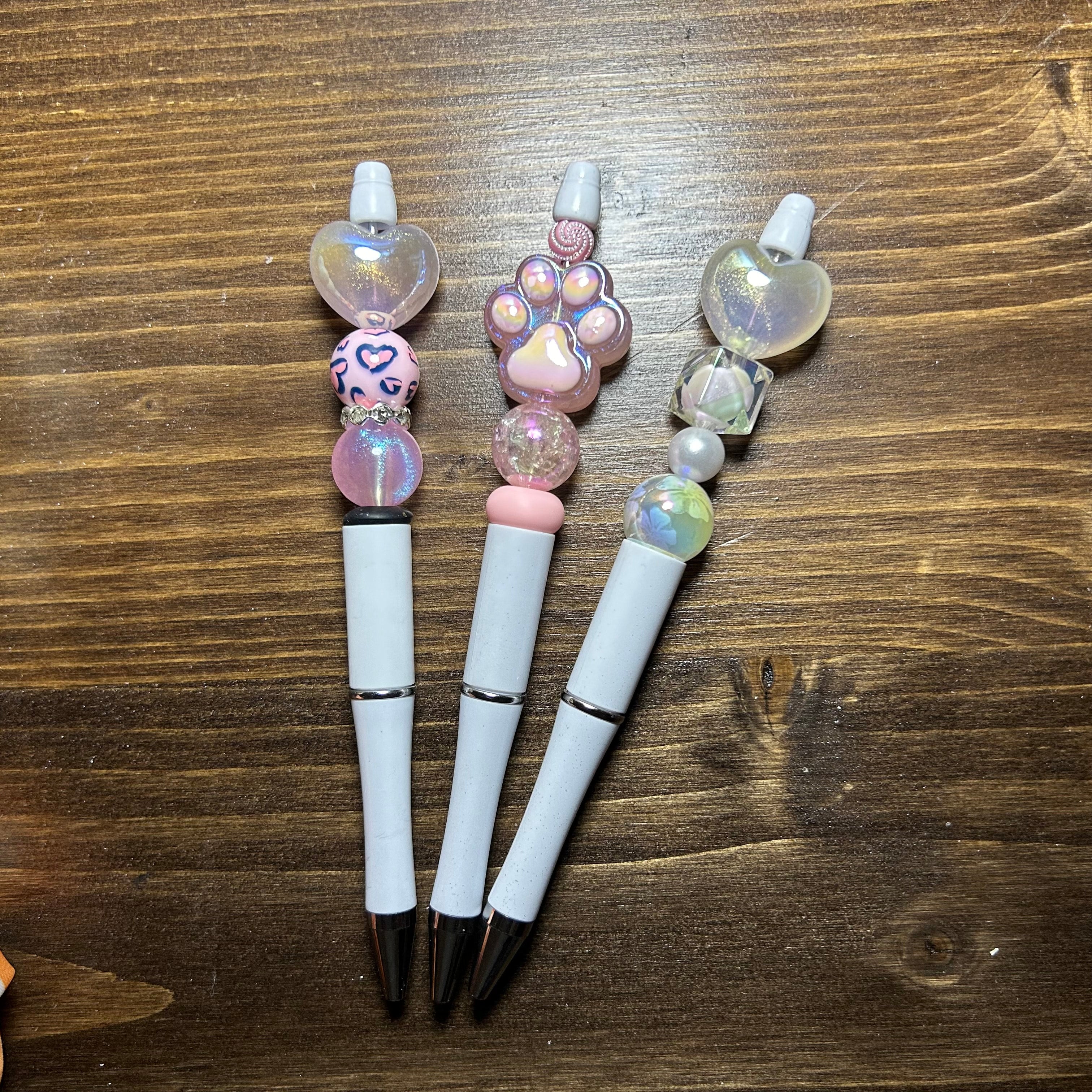 Set of 3 Bead Pens - PINK PAW & HEARTS - come with 3 black ink refills