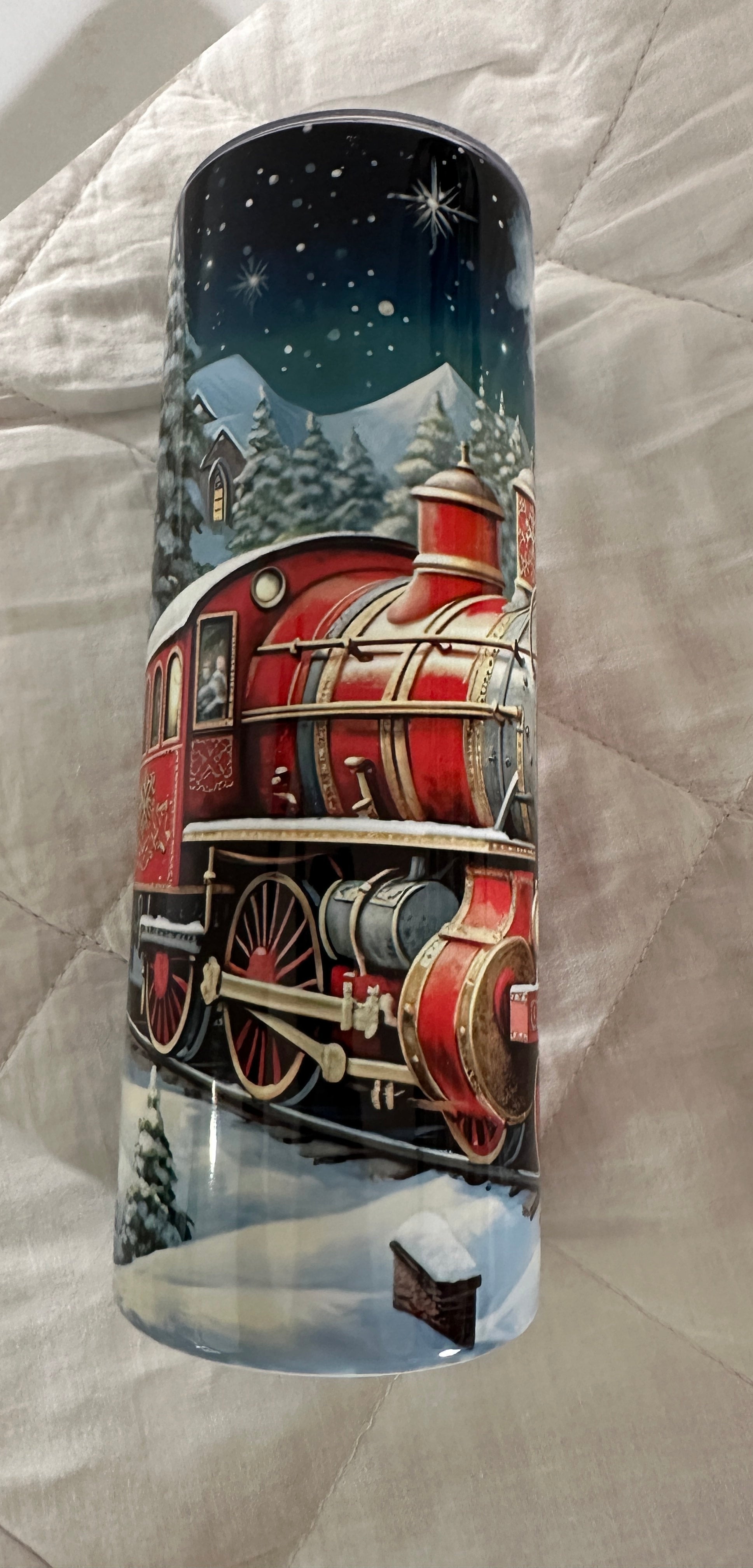 One of a Kind! Christmas Train tumblers 20 oz with metal straw and cleaner