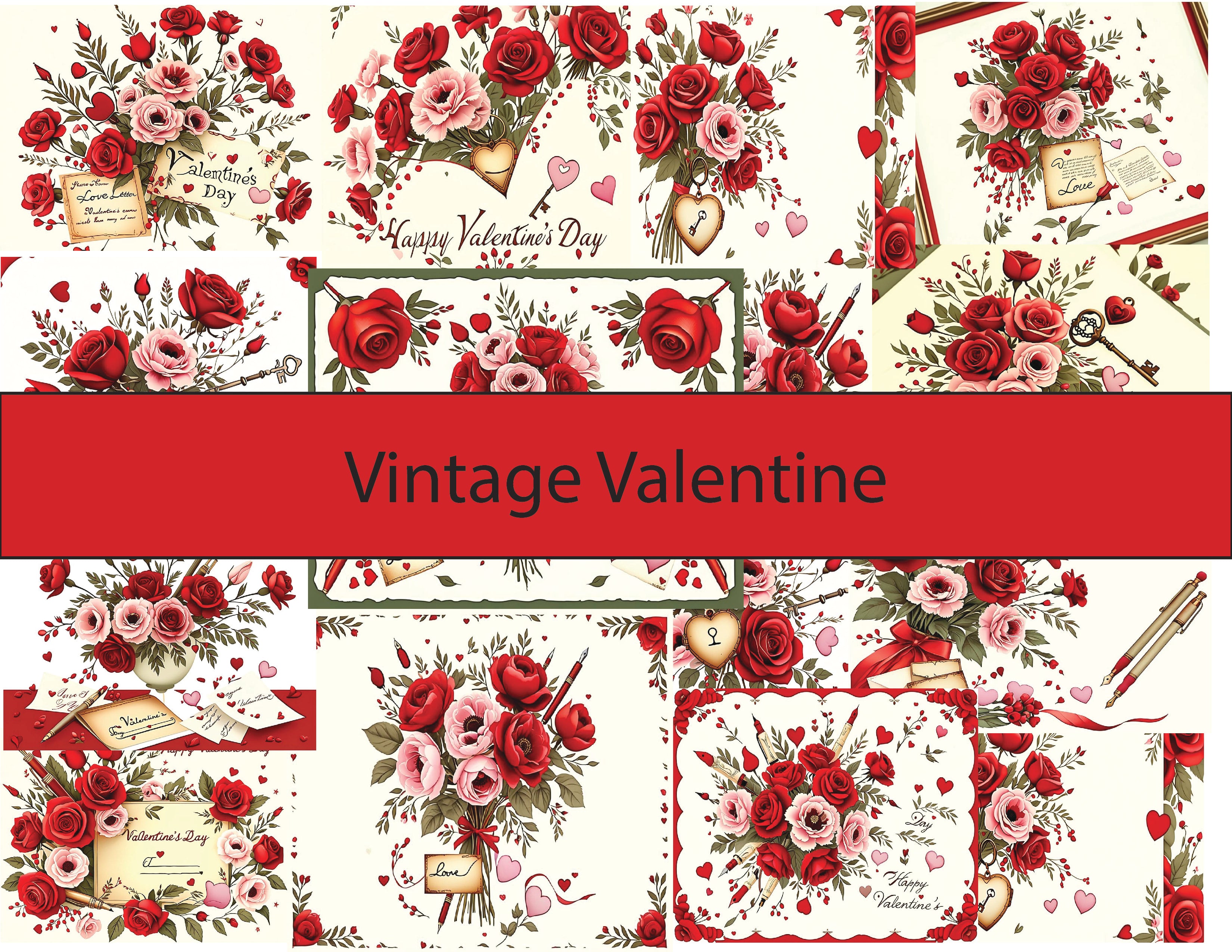 Vintage Valentine with Postcards and backgrounds 33 total pages by E