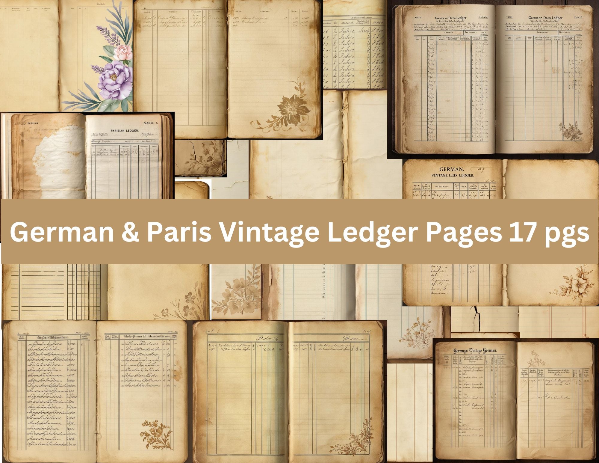 German and Paris Vintage Ledger Pages 17 pgs **digital**