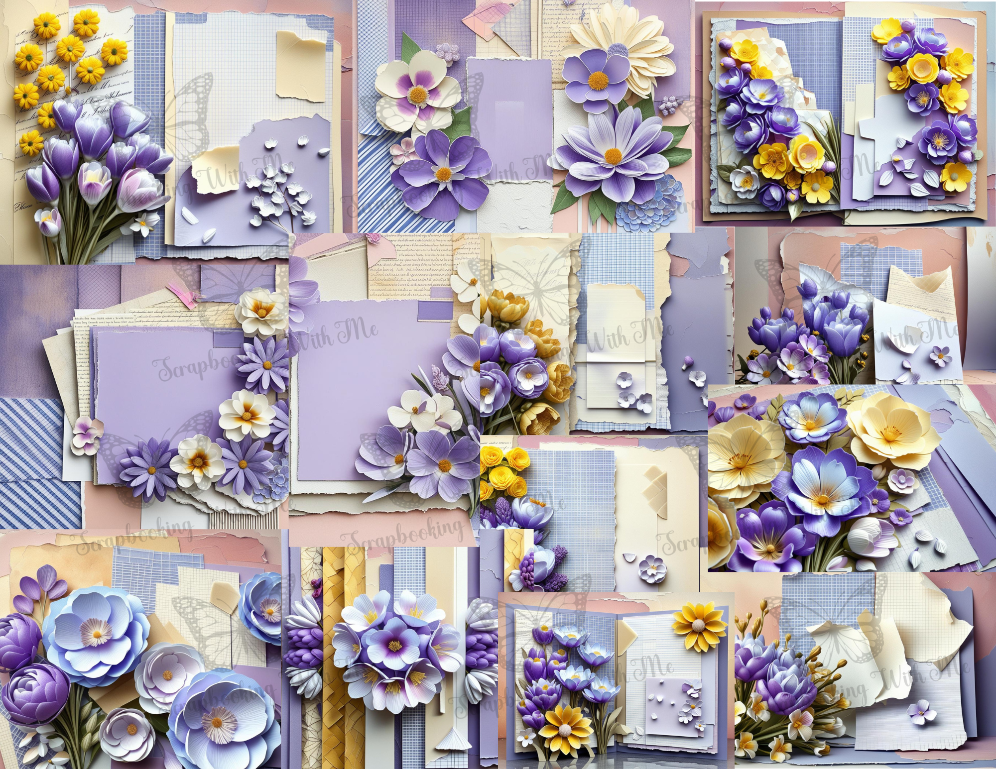 Purple Paper Flowers Digital with Ephemera 46 pages