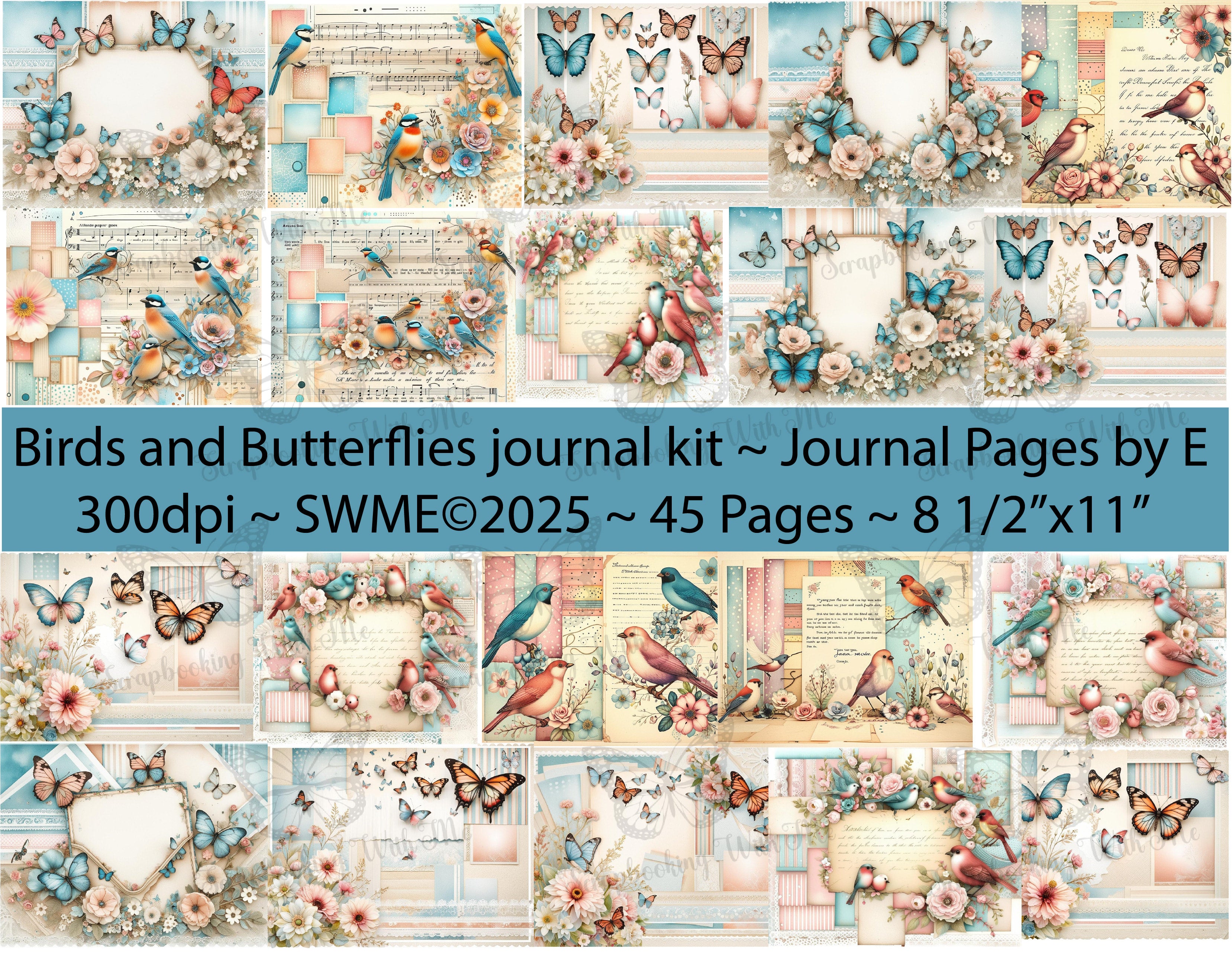 PRINT AND SHIP ~ Birds and Butterflies Journal kit 45 pages by E