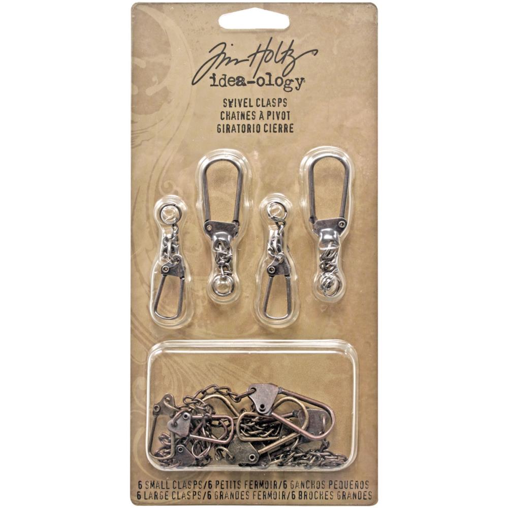 Tim Holtz Idea-Ology Metal Swivel Clasp W/Chain 2.78" To 3.75" 12/Pkg Antique Nickel, Brass & Copper