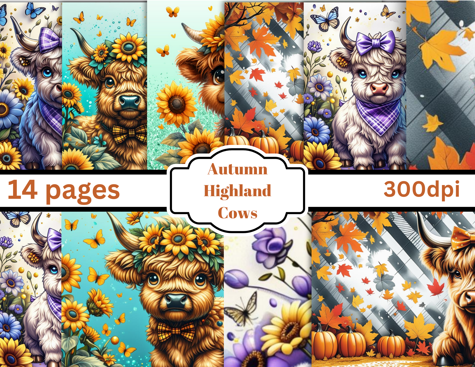 PRINT AND SHIP Autumn Highland Cow and Sunflower Digital download 14 pgs by E