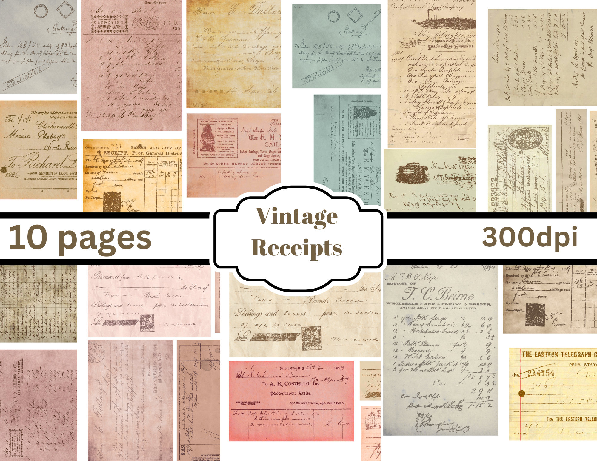 PRINT & SHIP Vintage Receipts by E 10 pages * printed on front only*