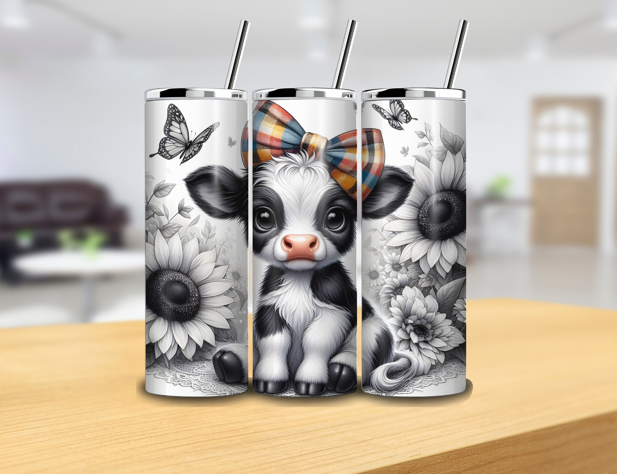 HIGHLAND COW BLACK AND WHITE 20 oz Insulated Tumbler with straw and straw cleaner