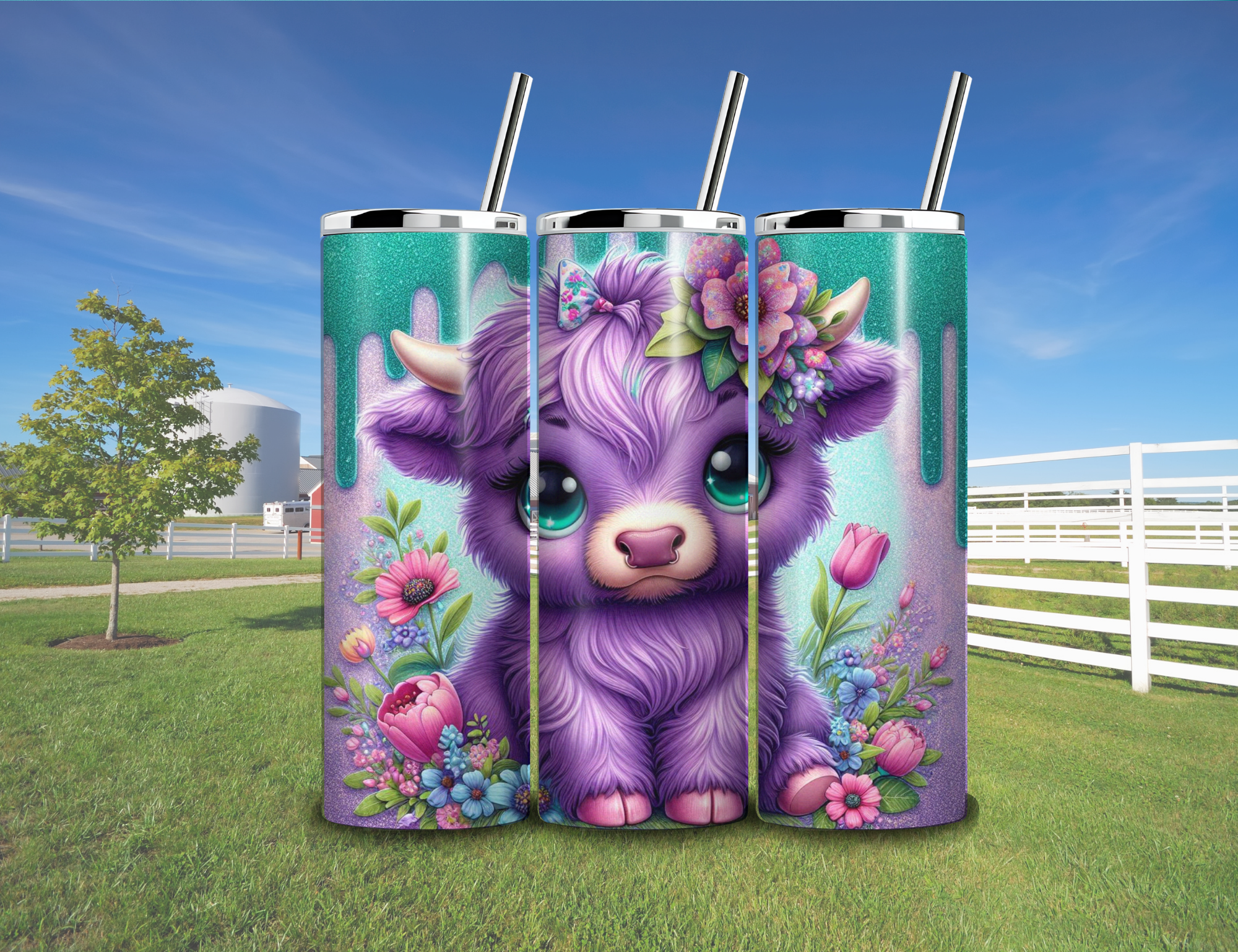 DESIGN HIGHLAND COW PURPLE 20 oz Insulated Tumbler with straw and straw cleaner