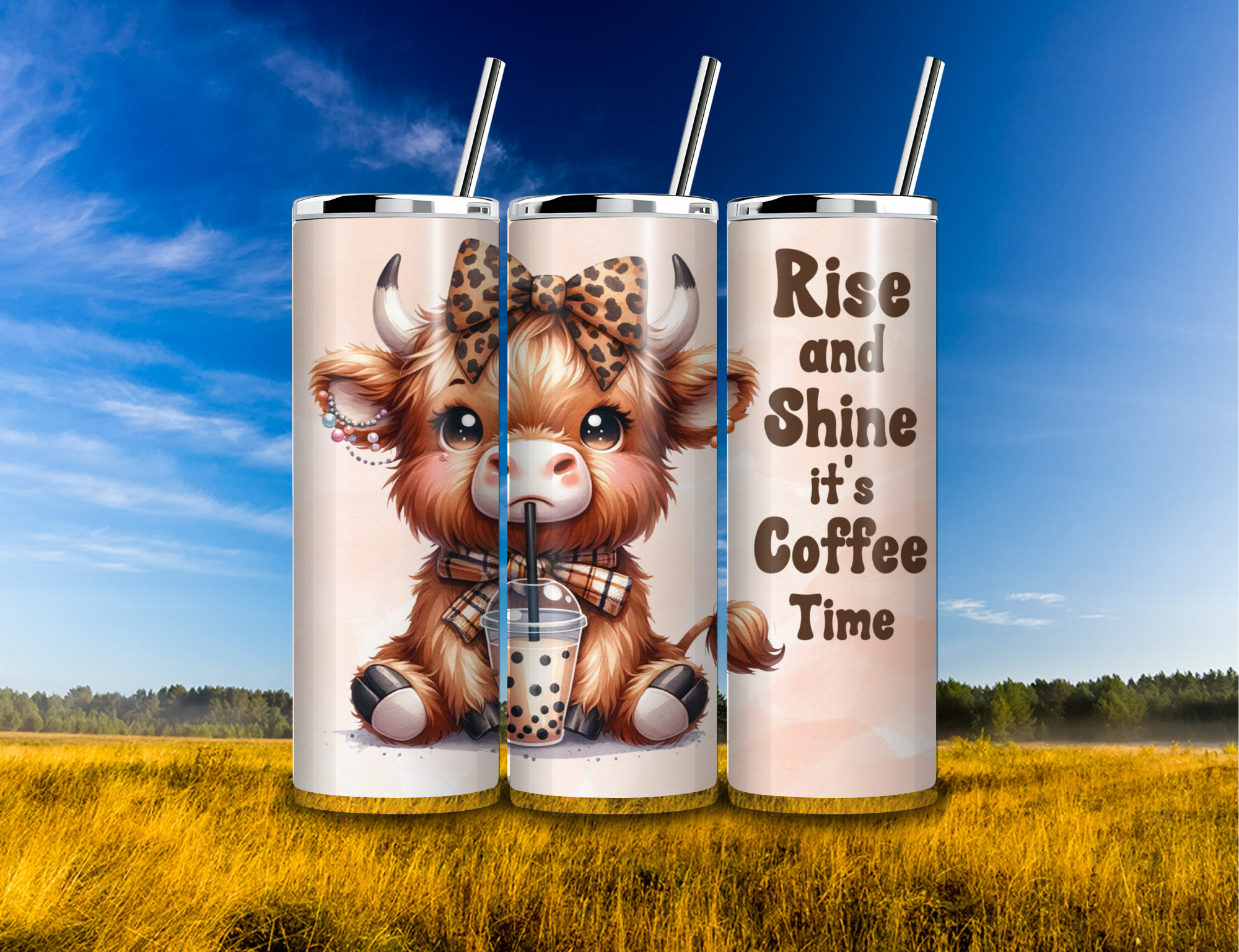 DESIGN HIGHLAND COW Risse and Shine 20 oz Insulated Tumbler with straw and straw cleaner