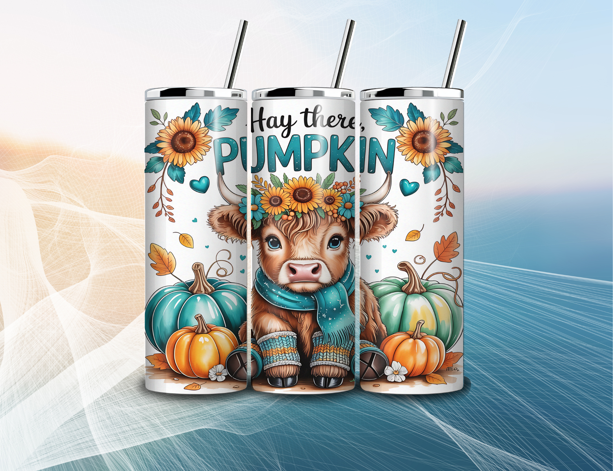 DESIGN HIGHLAND COW Hey Pumpkin 20 oz Insulated Tumbler with straw and straw cleaner