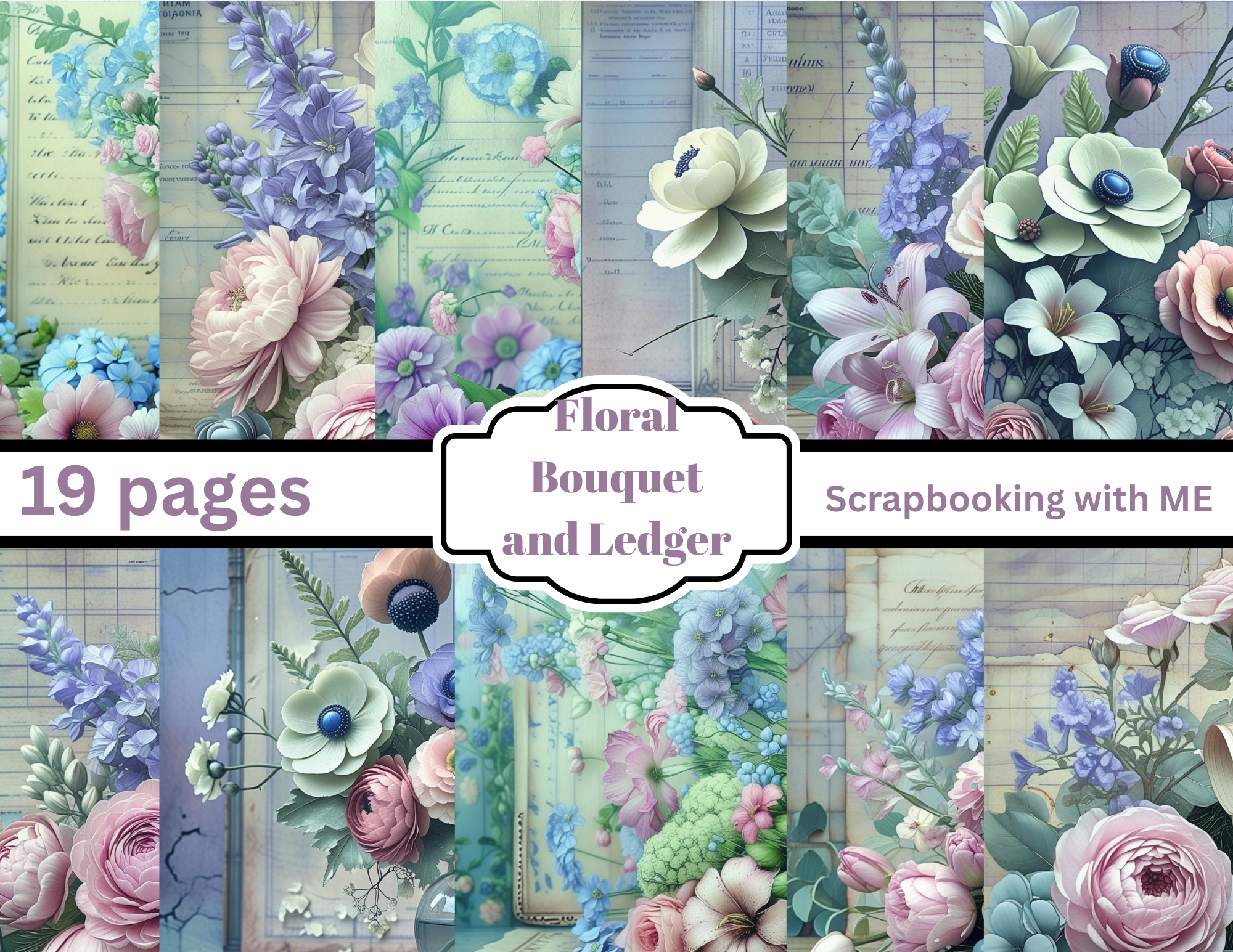 PRINT & SHIP Floral Bouquet & Ledger Digital w/Background and Ephemera 33 pages by E