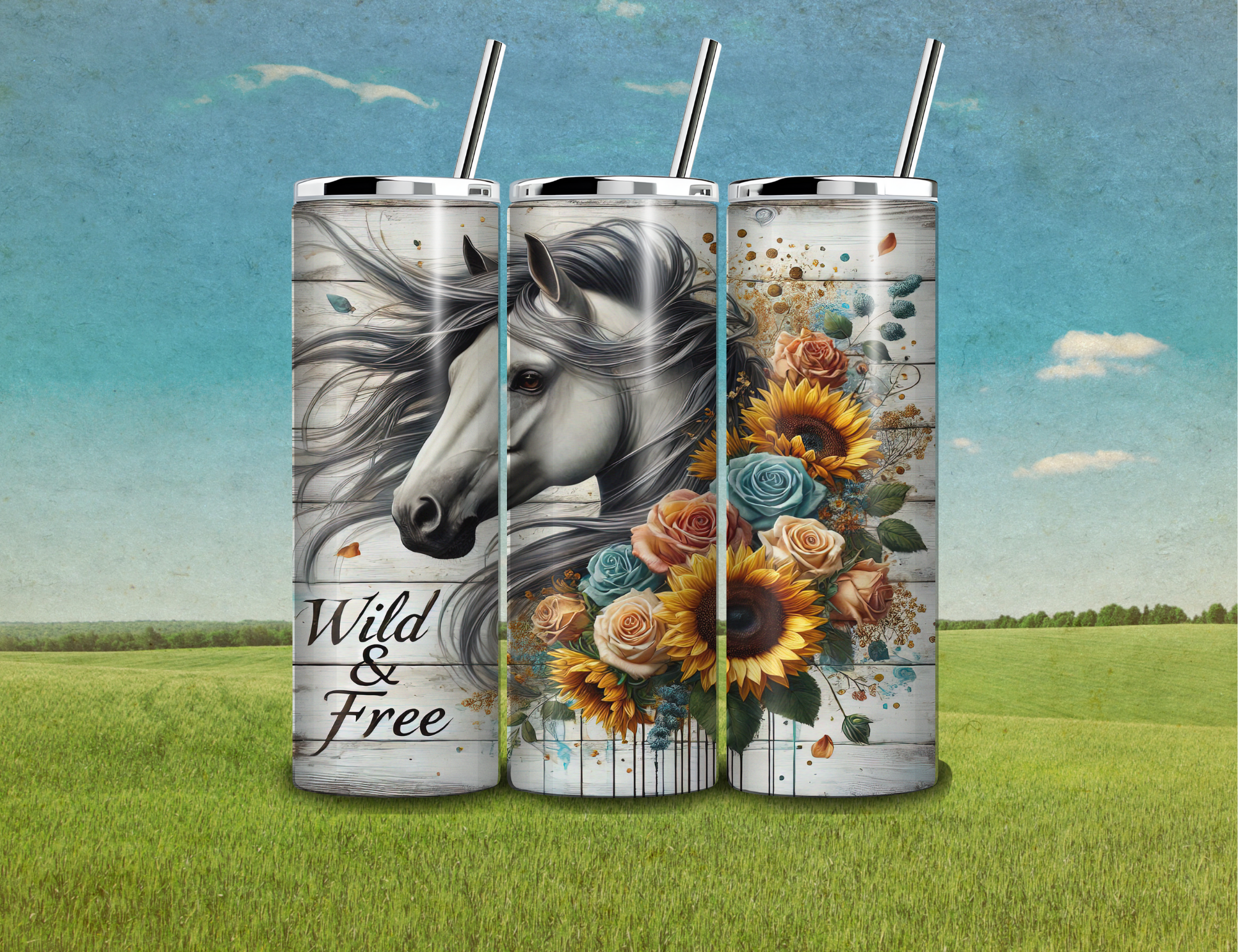 Horse Wild & Free Tumbler 20 oz stainless steel with straw and cleaner