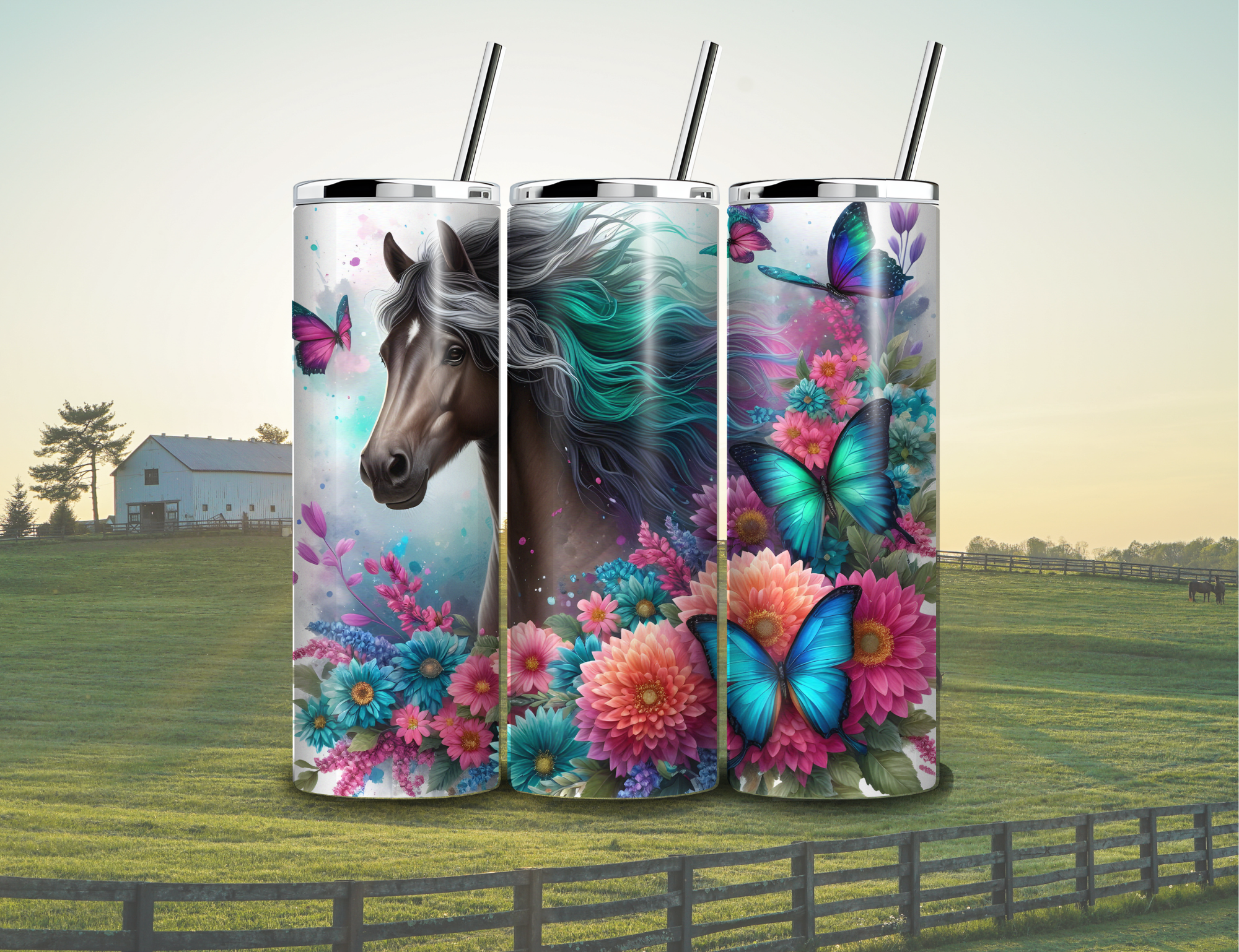 Horse With Floral & Butterflies Tumbler 20 oz stainless steel with straw and cleaner