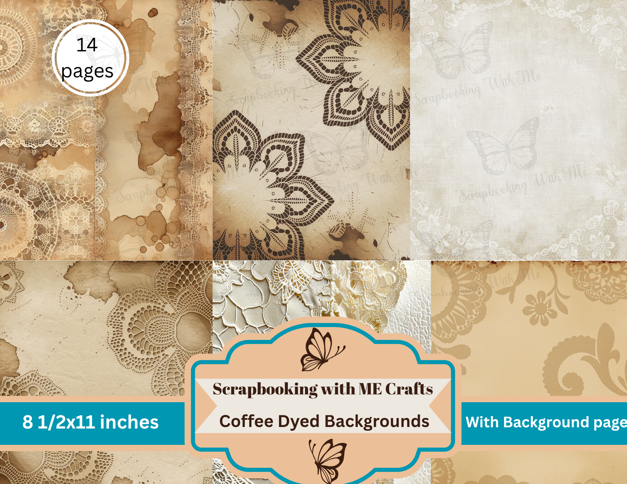 PRINT AND SHIP Coffee Dyed Lace Background 14 pages by E